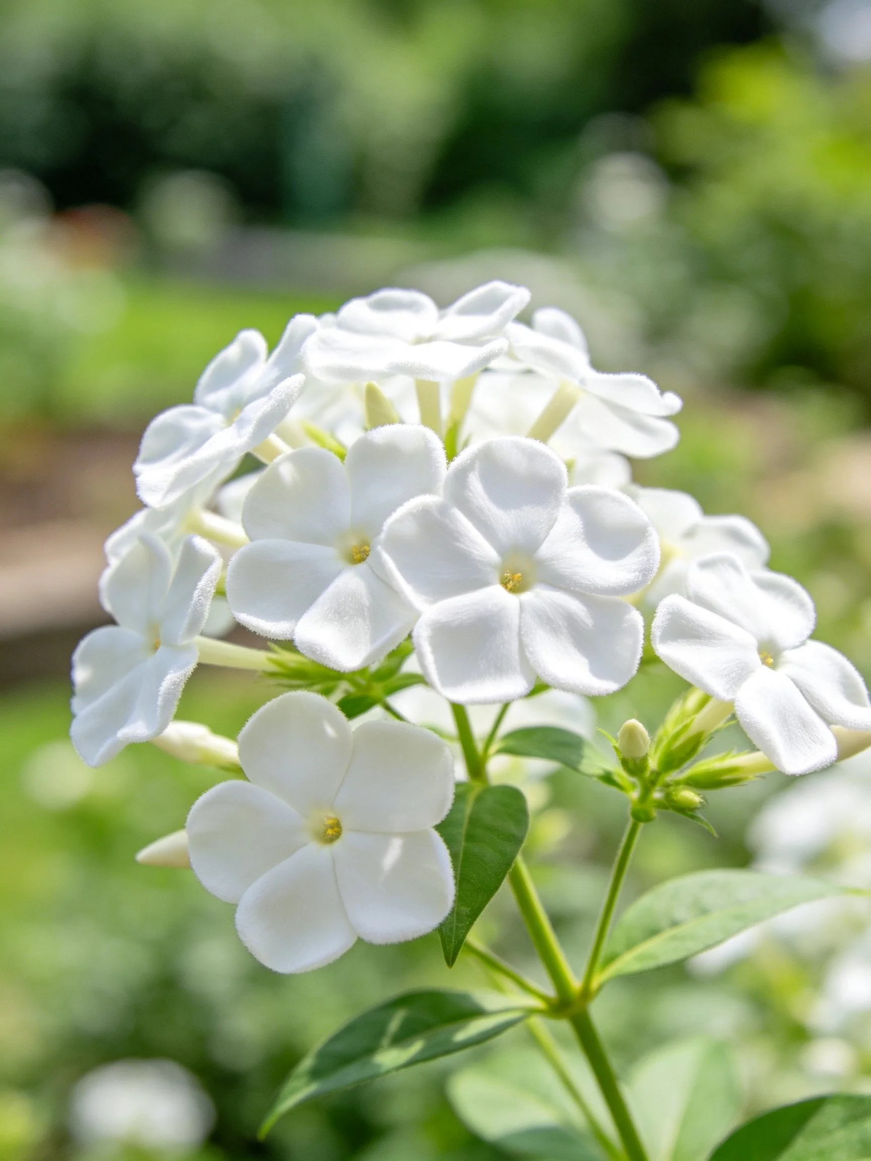 Cluster of White Phlox Flowers with Green Foliage in Sunlight