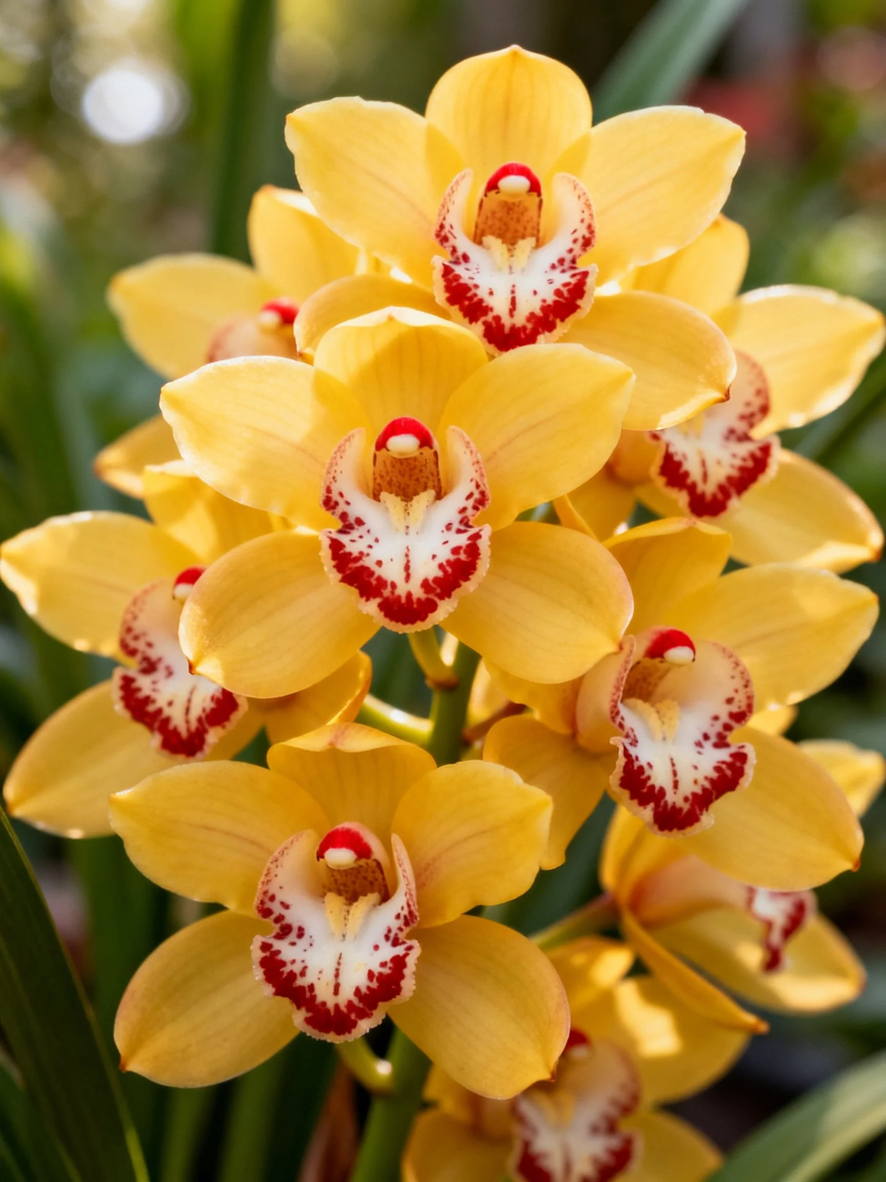 Cluster of Yellow Orchids with Red and White Central Patterns