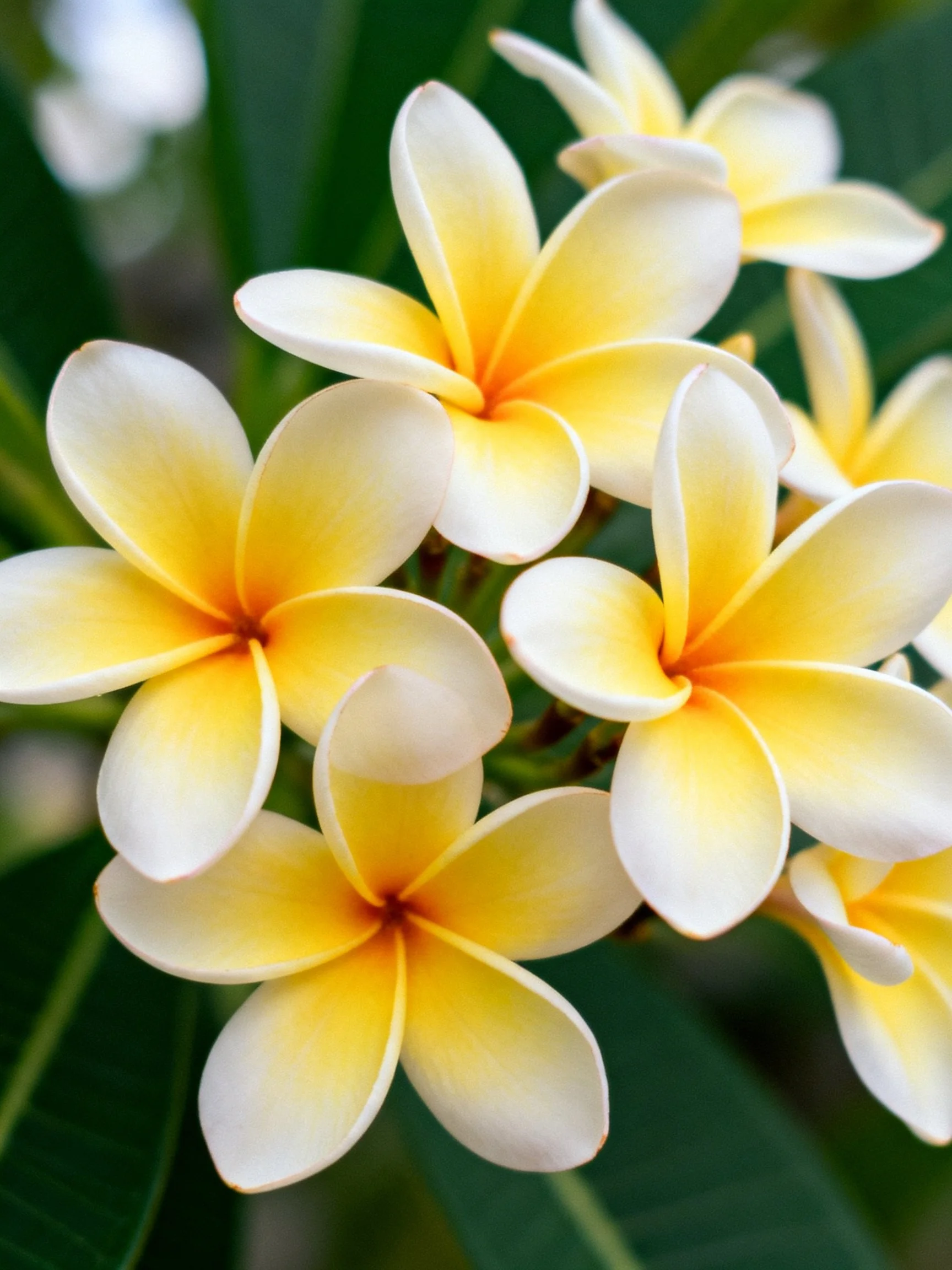 Cluster of Yellow and White Frangipani Flowers with Green Foliage