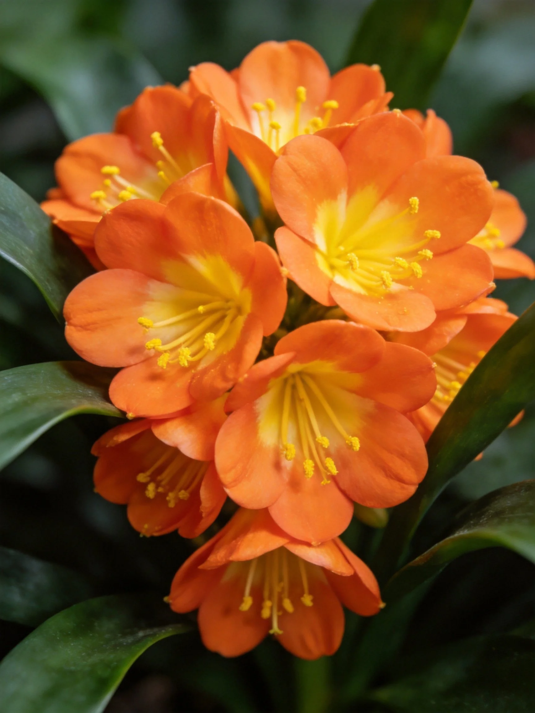 Cluster of bright orange flowers with yellow centers and dark green leaves