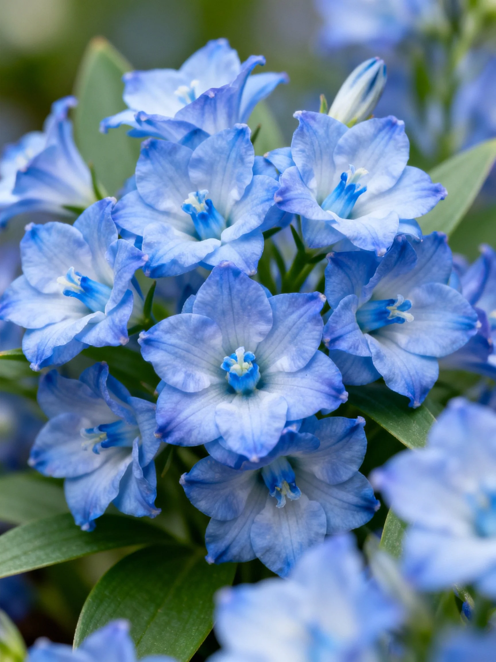 Cluster of delicate blue bell - shaped flowers amid green leaves
