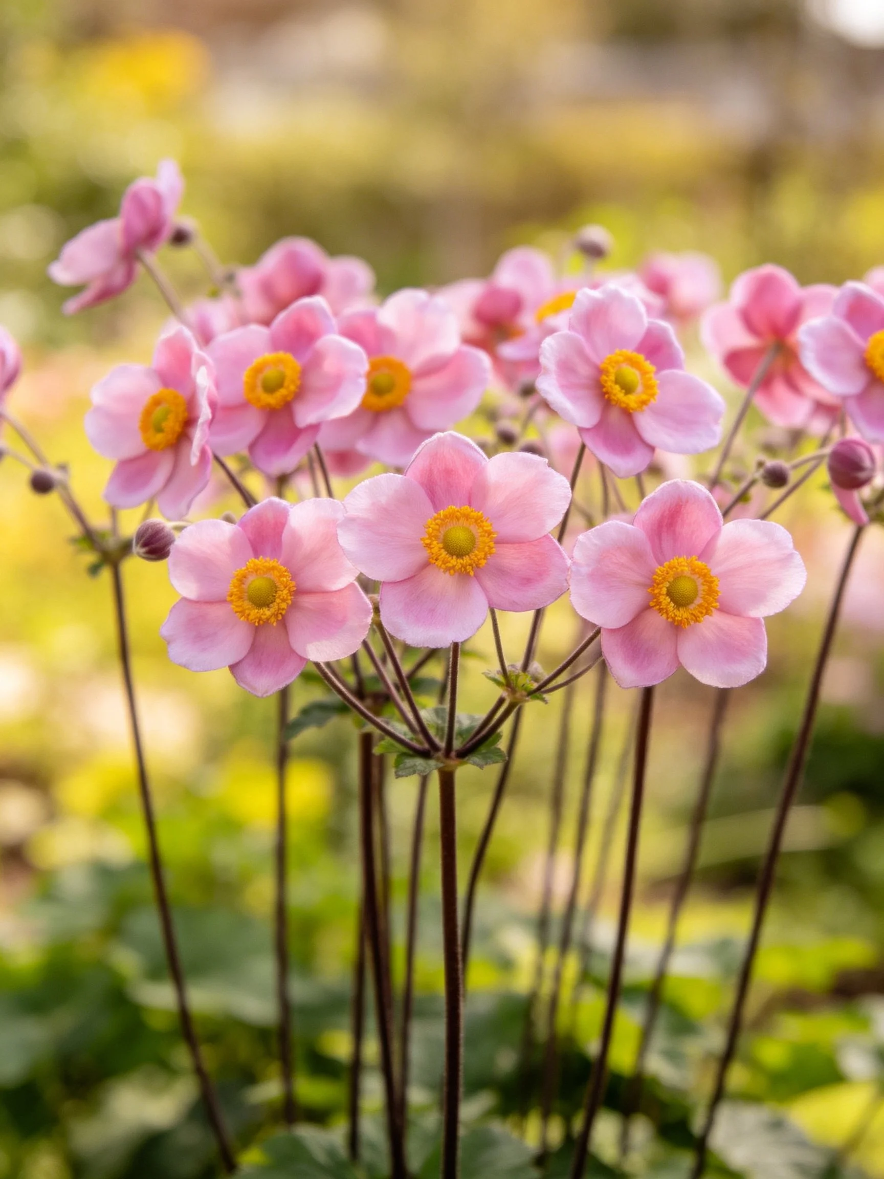 Cluster of delicate pink flowers with bright yellow centers