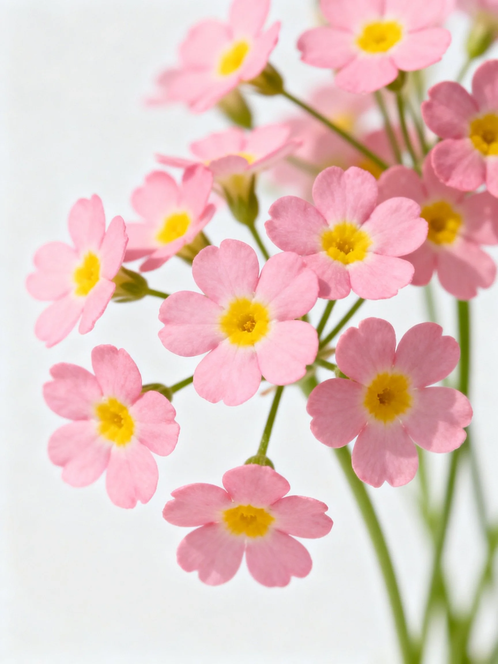 Cluster of delicate pink flowers with bright yellow centers
