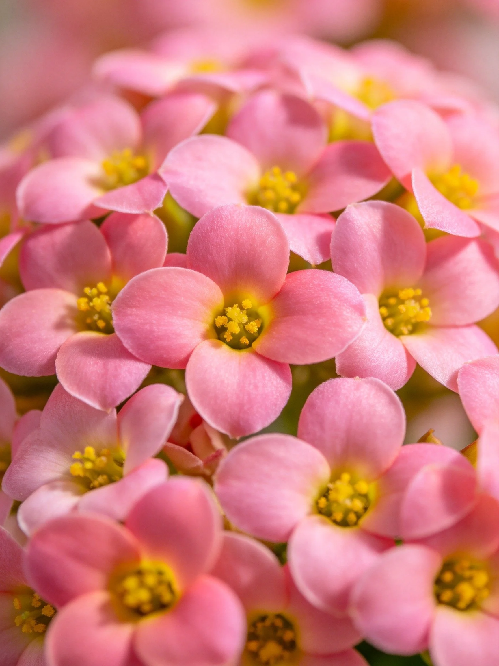 Cluster of delicate pink flowers with bright yellow centers