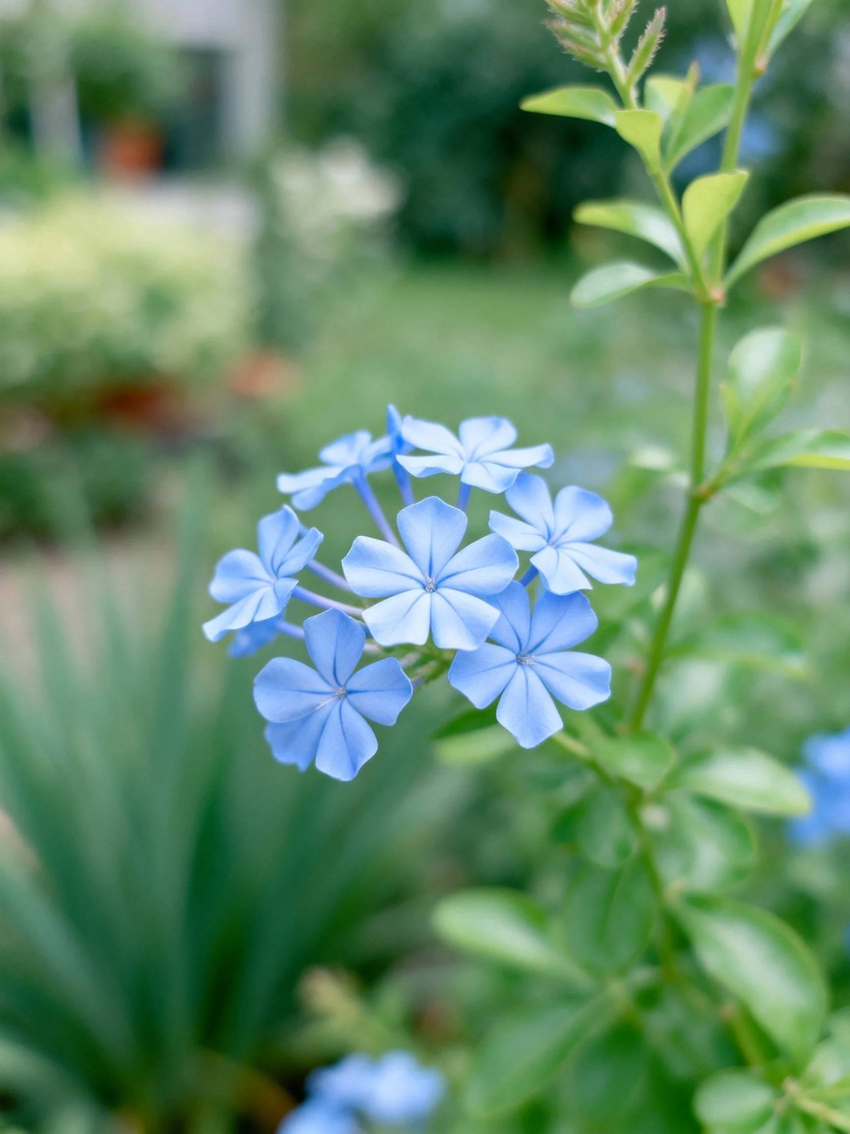 Cluster of delicate sky-blue flowers among lush greenery