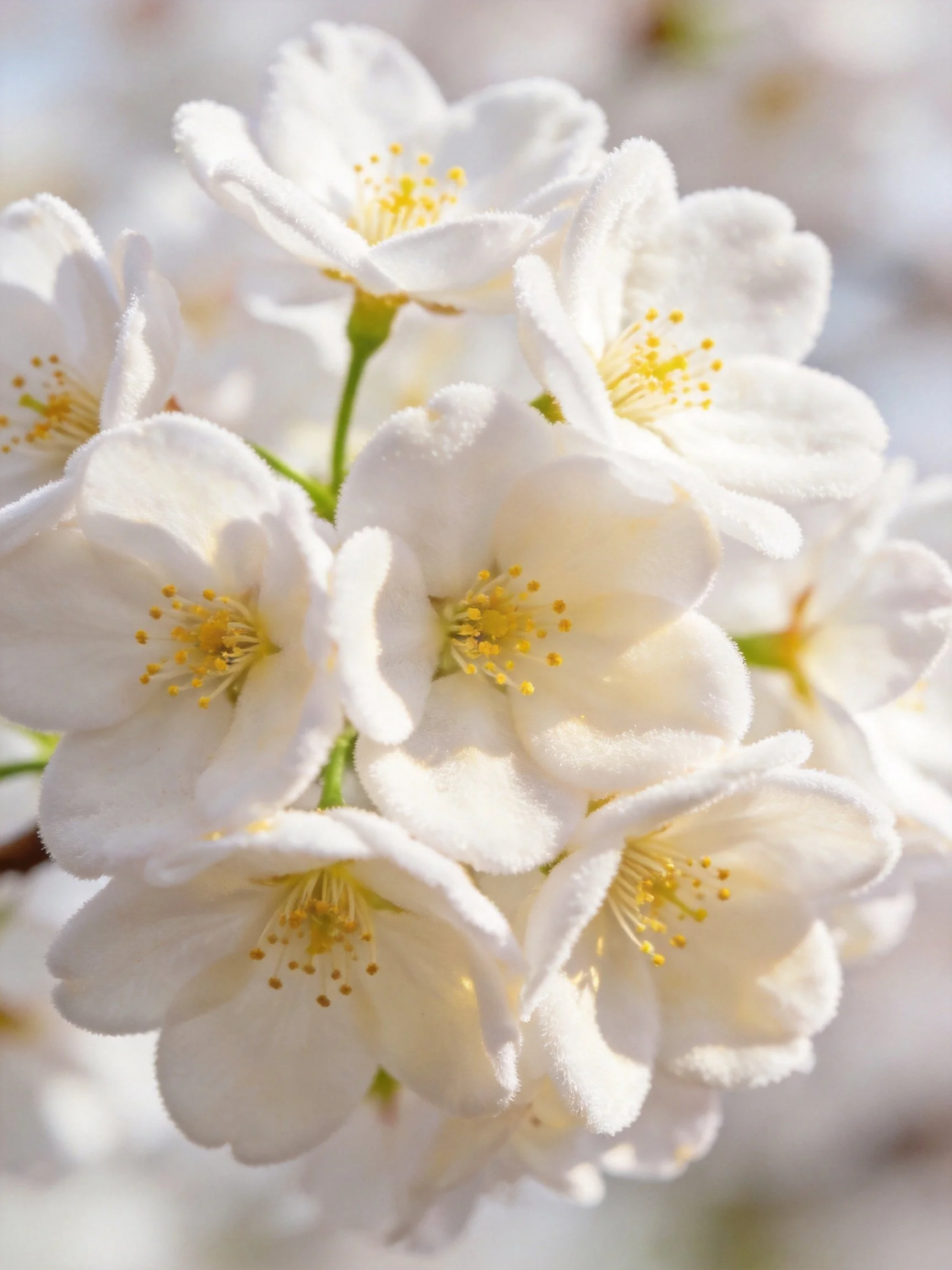 Cluster of delicate white cherry blossoms with golden stamens