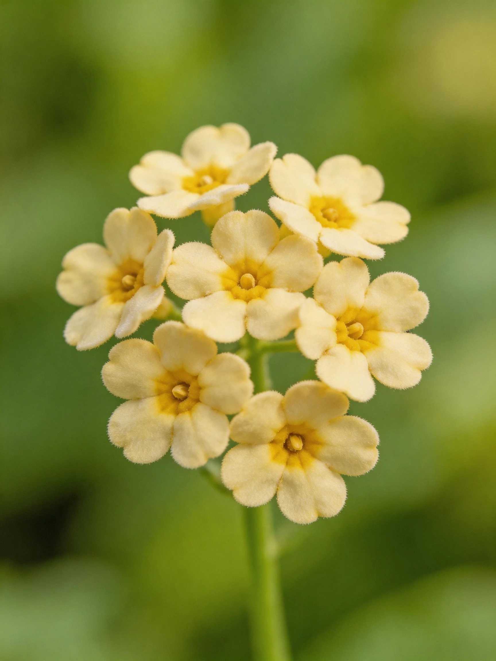 Cluster of eight pale yellow flowers with yellow centers, green stem