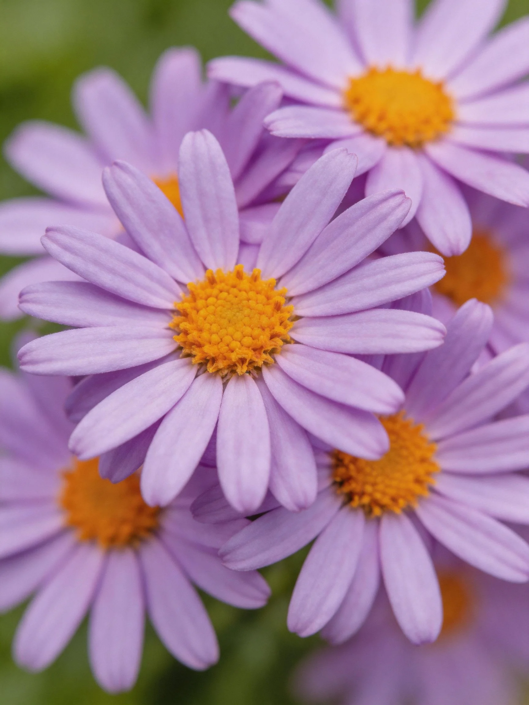 Cluster of lavender aster flowers with bright orange centers