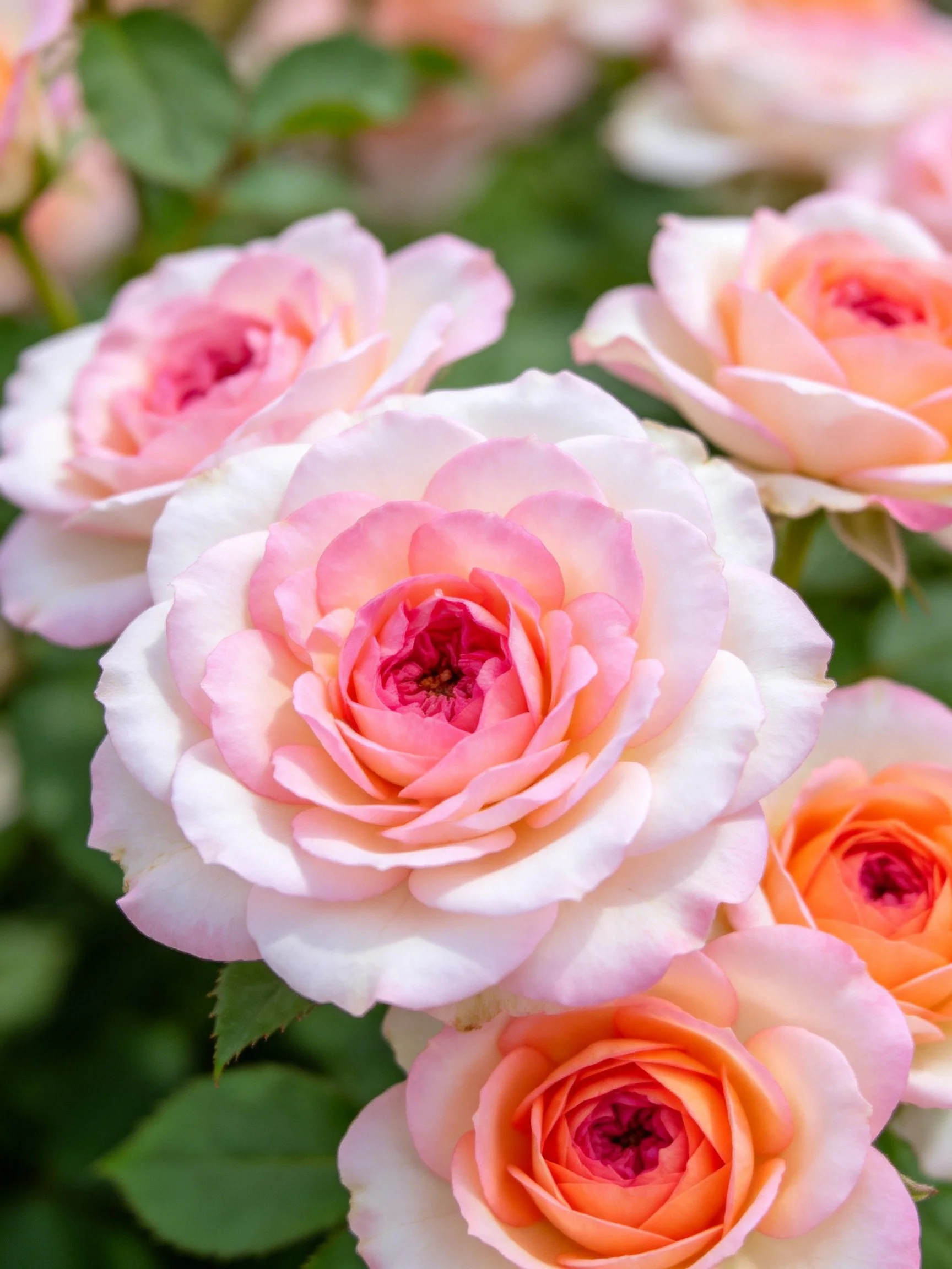 Cluster of pastel pink and peach roses with green foliage