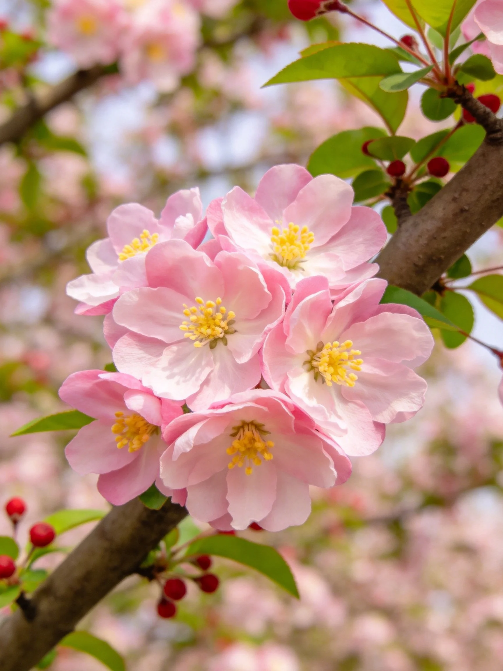 Cluster of pink blossoms with yellow stamens and red berries on tree branches