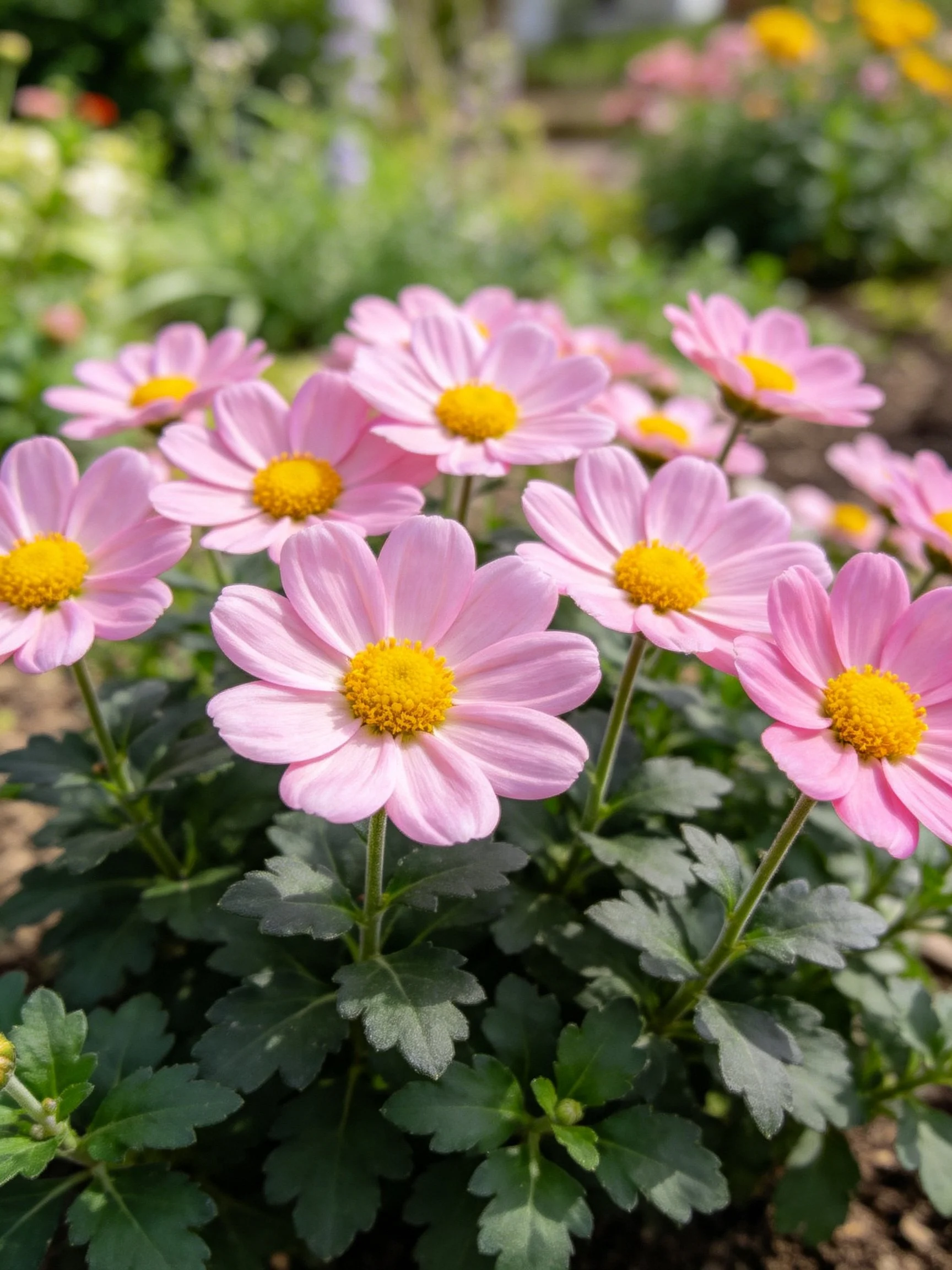 Cluster of pink daisy - like flowers with yellow centers