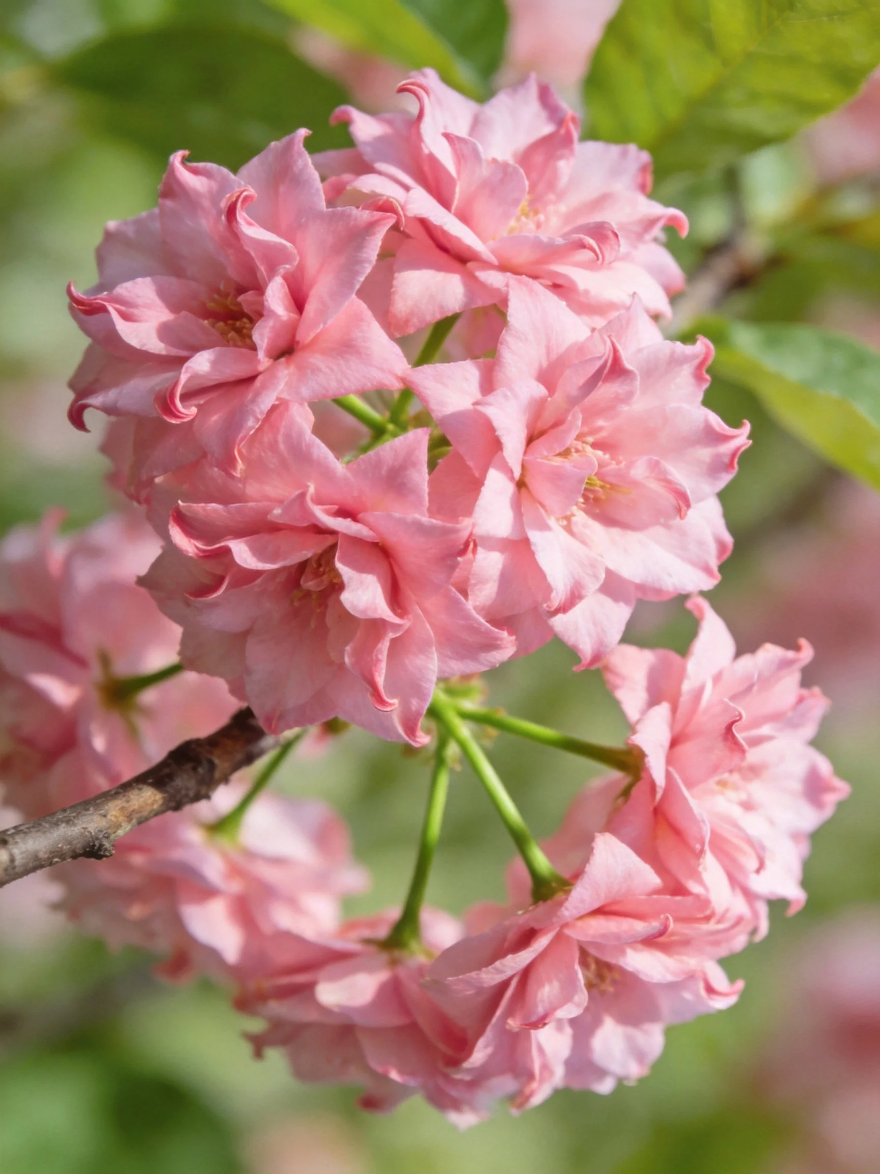 Cluster of pink flowers with green leaves on branch