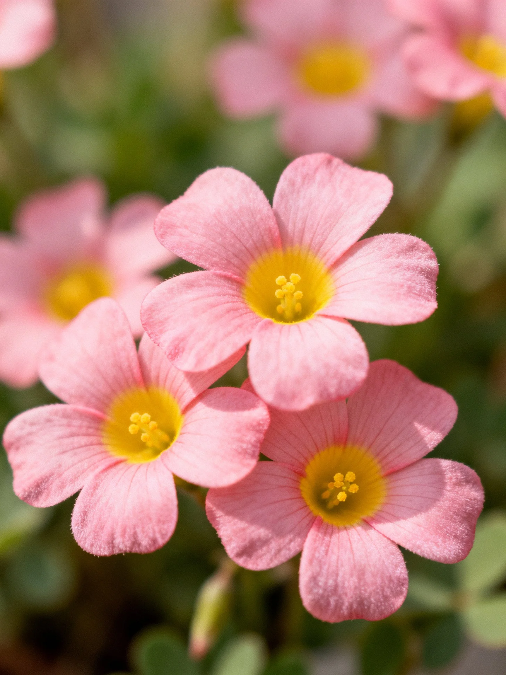 Cluster of pink flowers with yellow centers amid green foliage