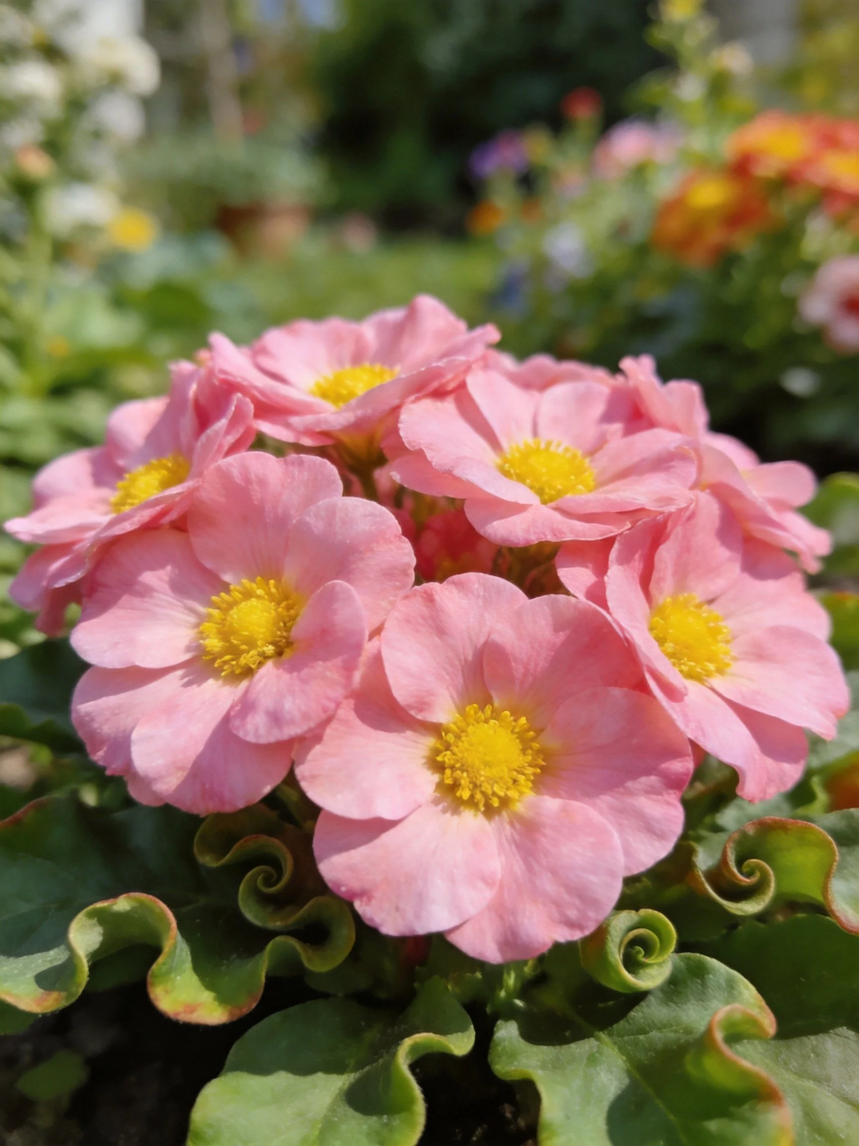 Cluster of pink flowers with yellow centers and curly green leaves