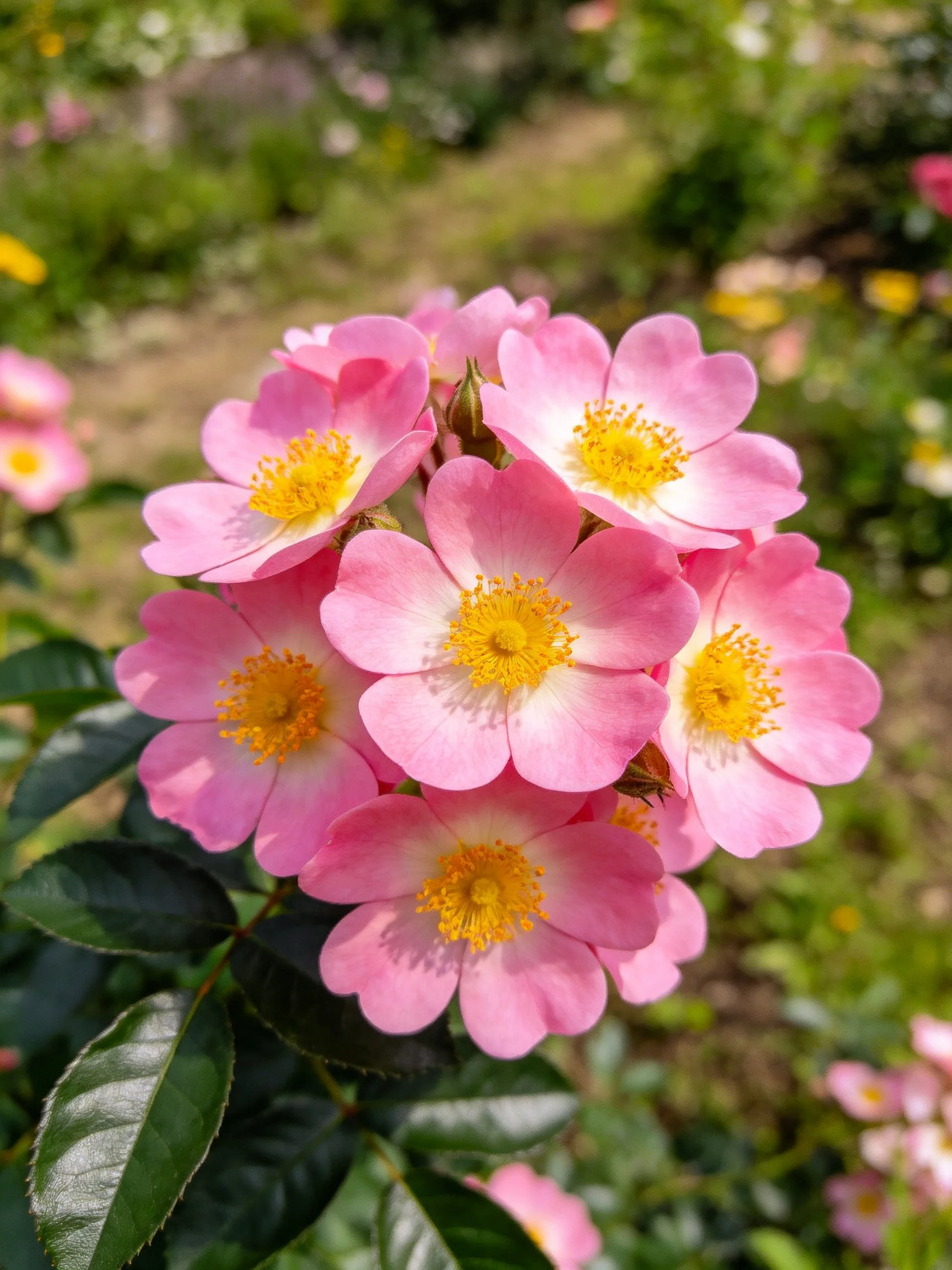 Cluster of pink flowers with yellow centers in a garden