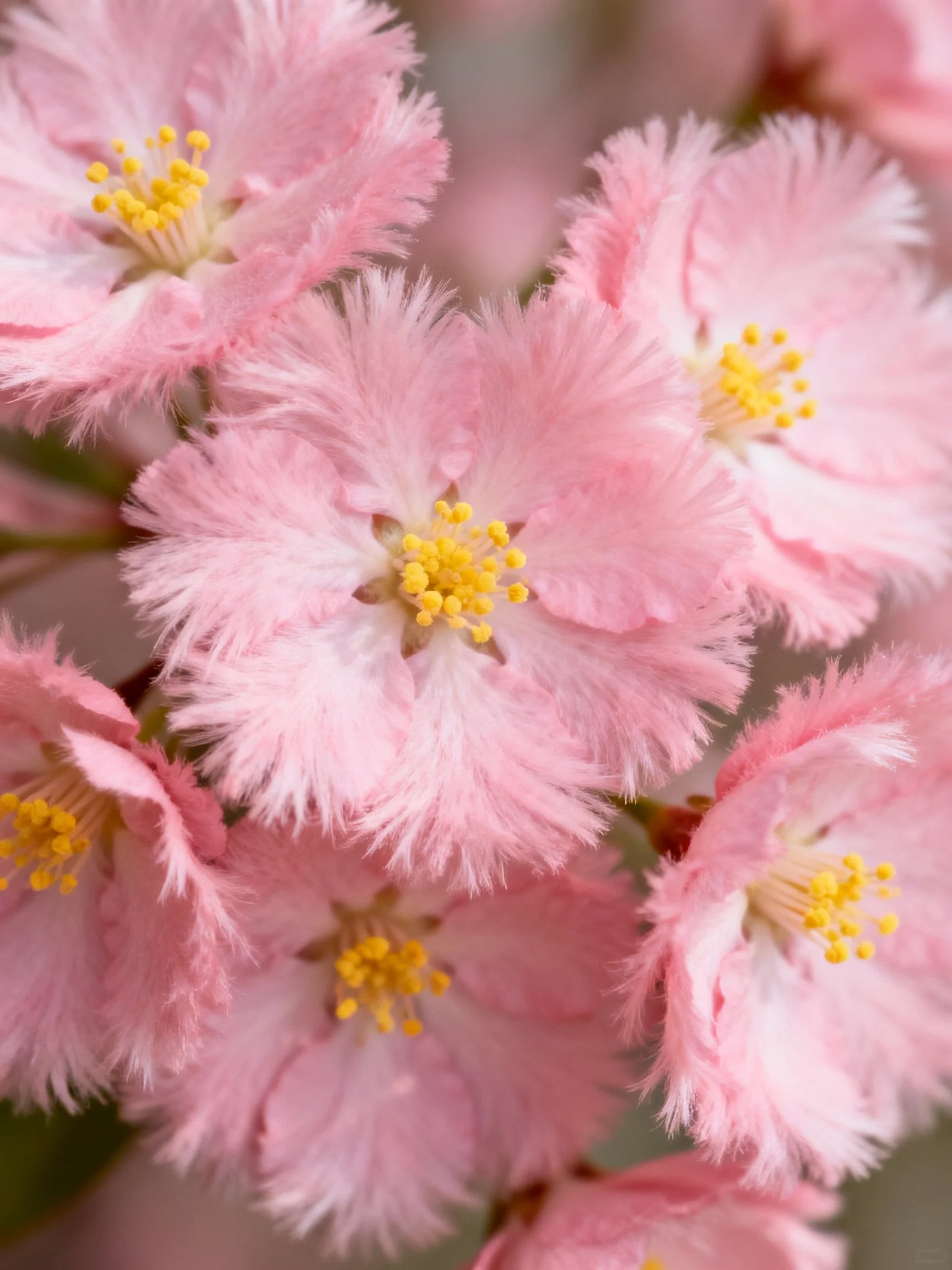 Cluster of pink fringed flowers with yellow stamens
