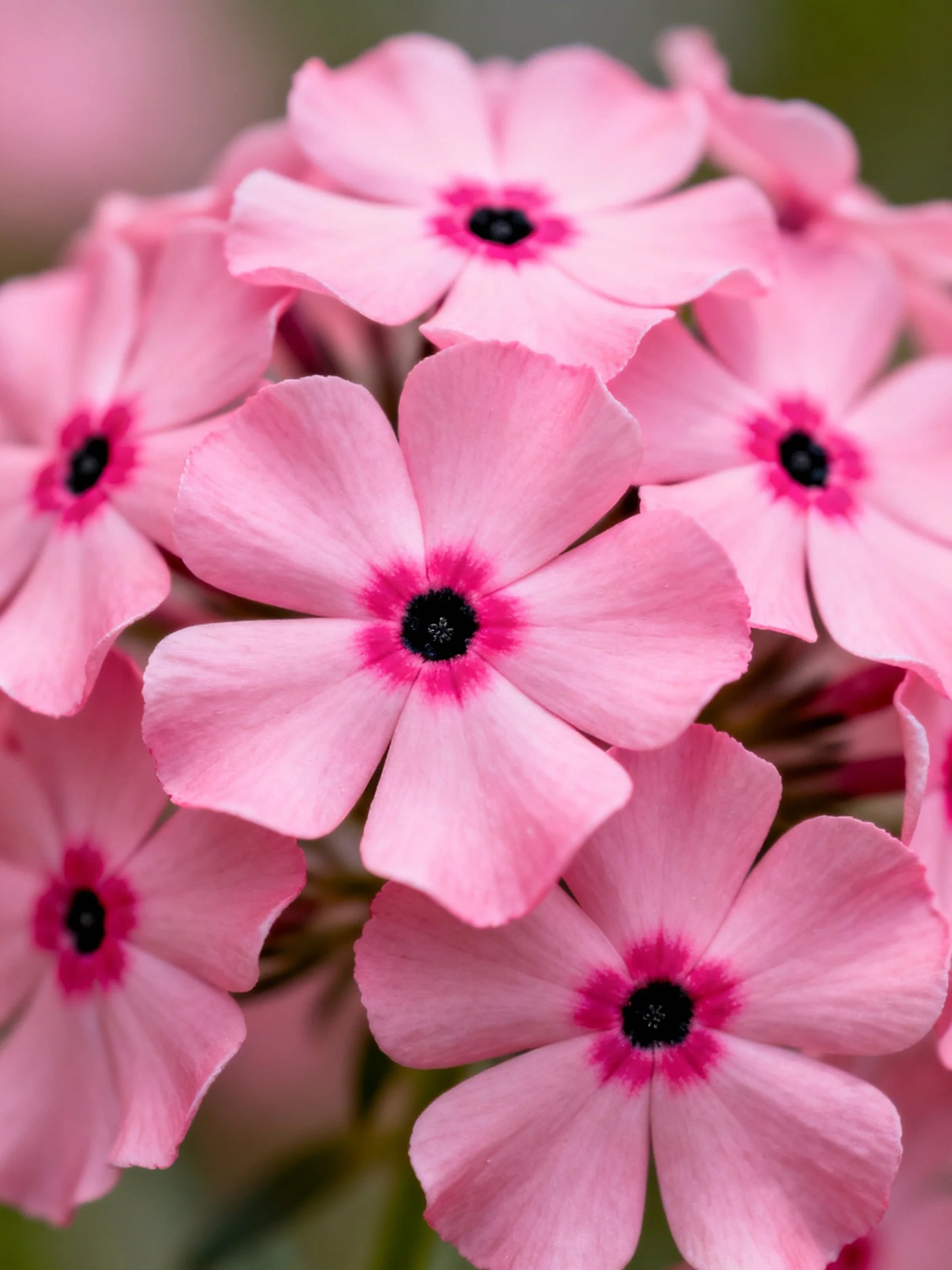 Cluster of pink phlox flowers with dark centers