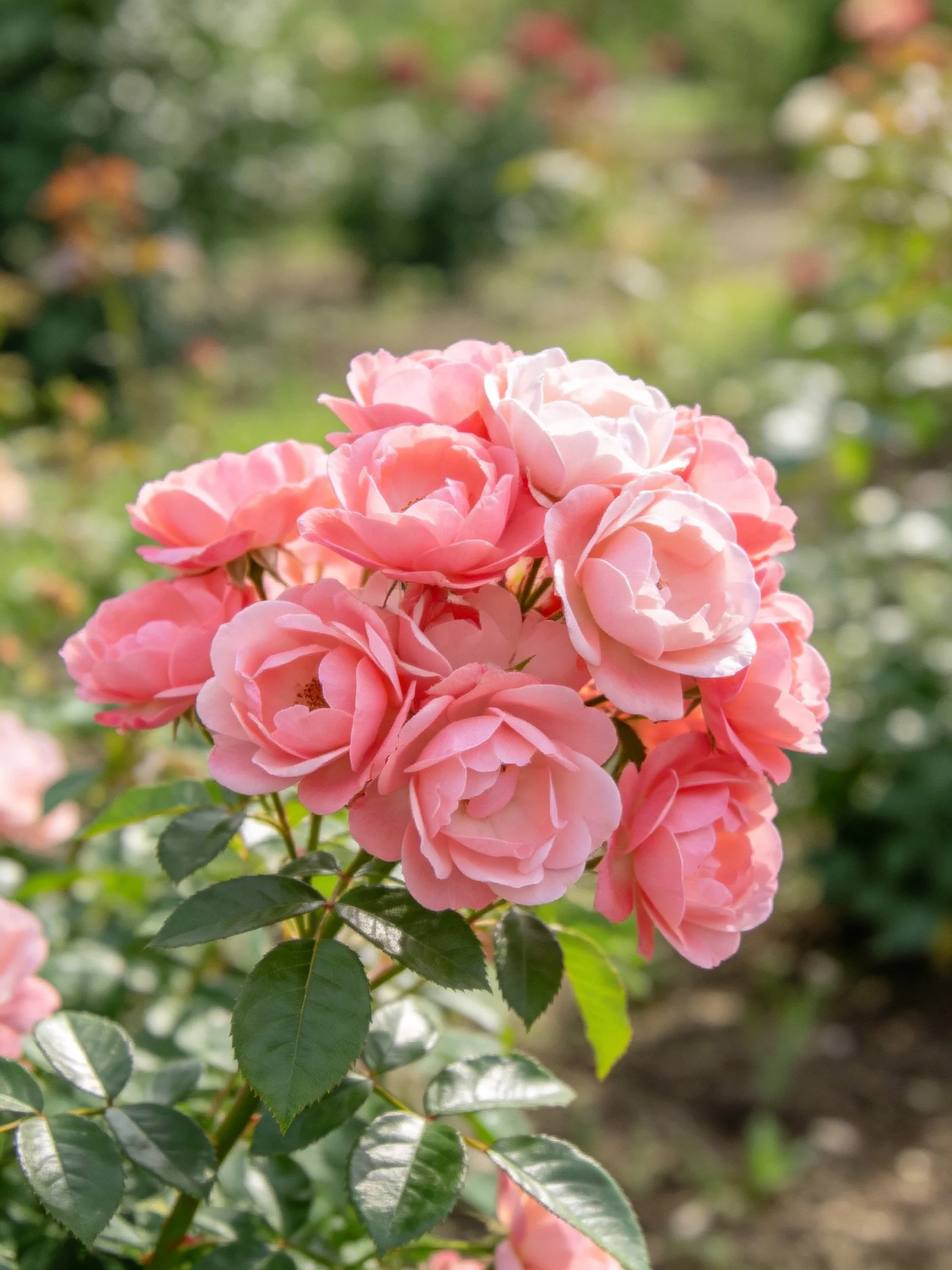 Cluster of pink roses with green foliage in garden setting