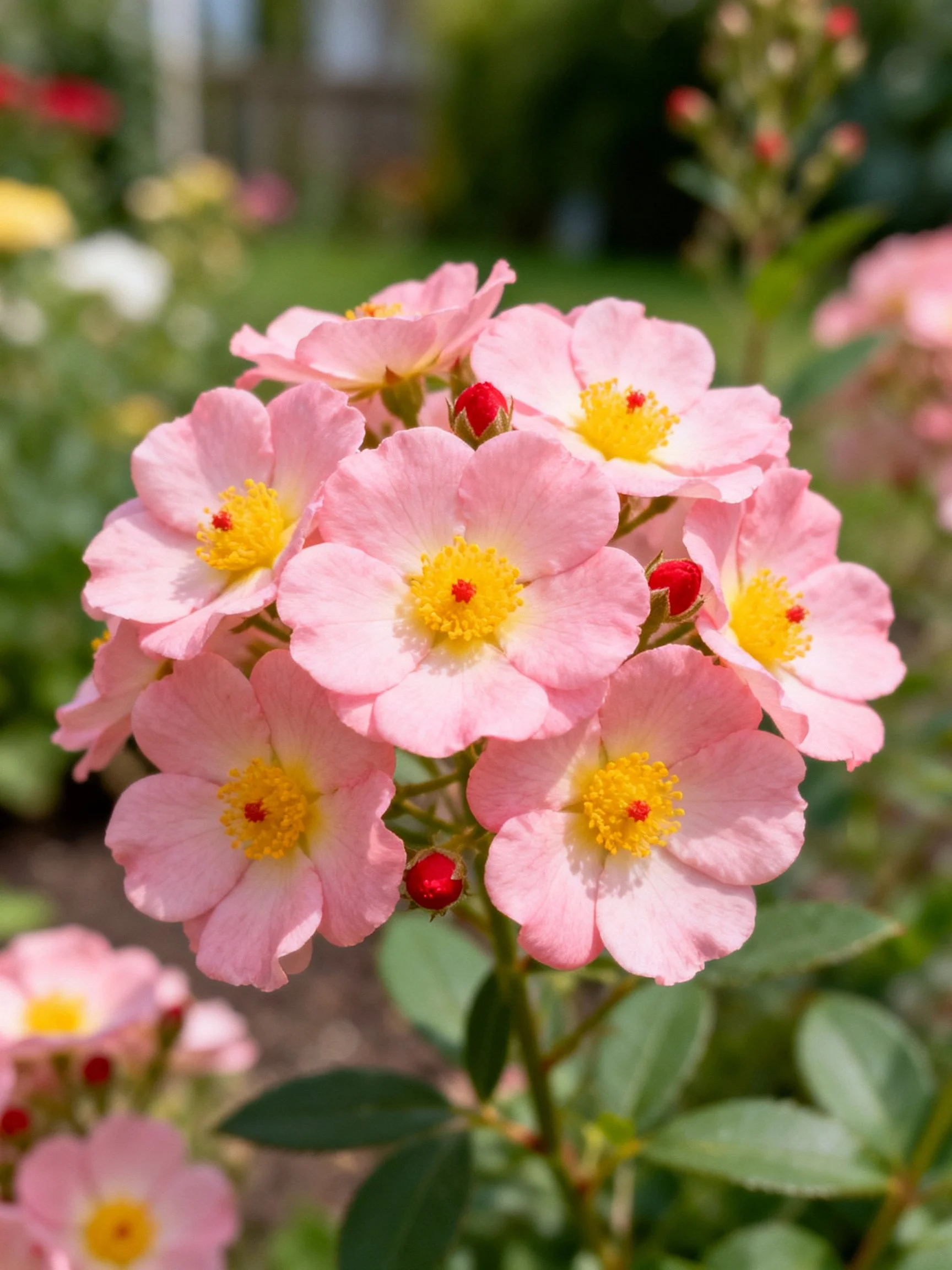 Cluster of pink roses with yellow centers and red flower buds in a garden