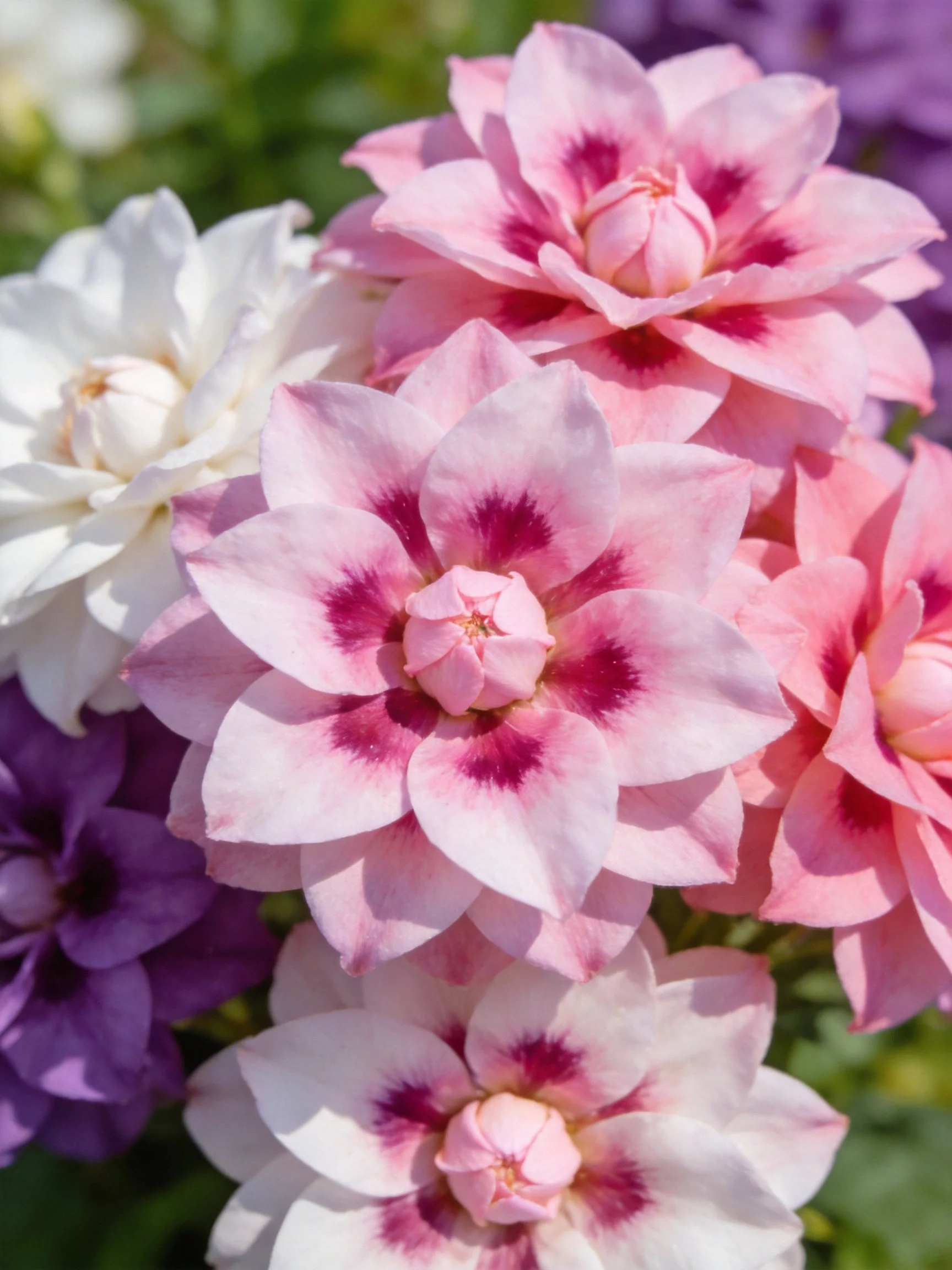 Cluster of pink, white, and purple dahlia flowers in sunlight