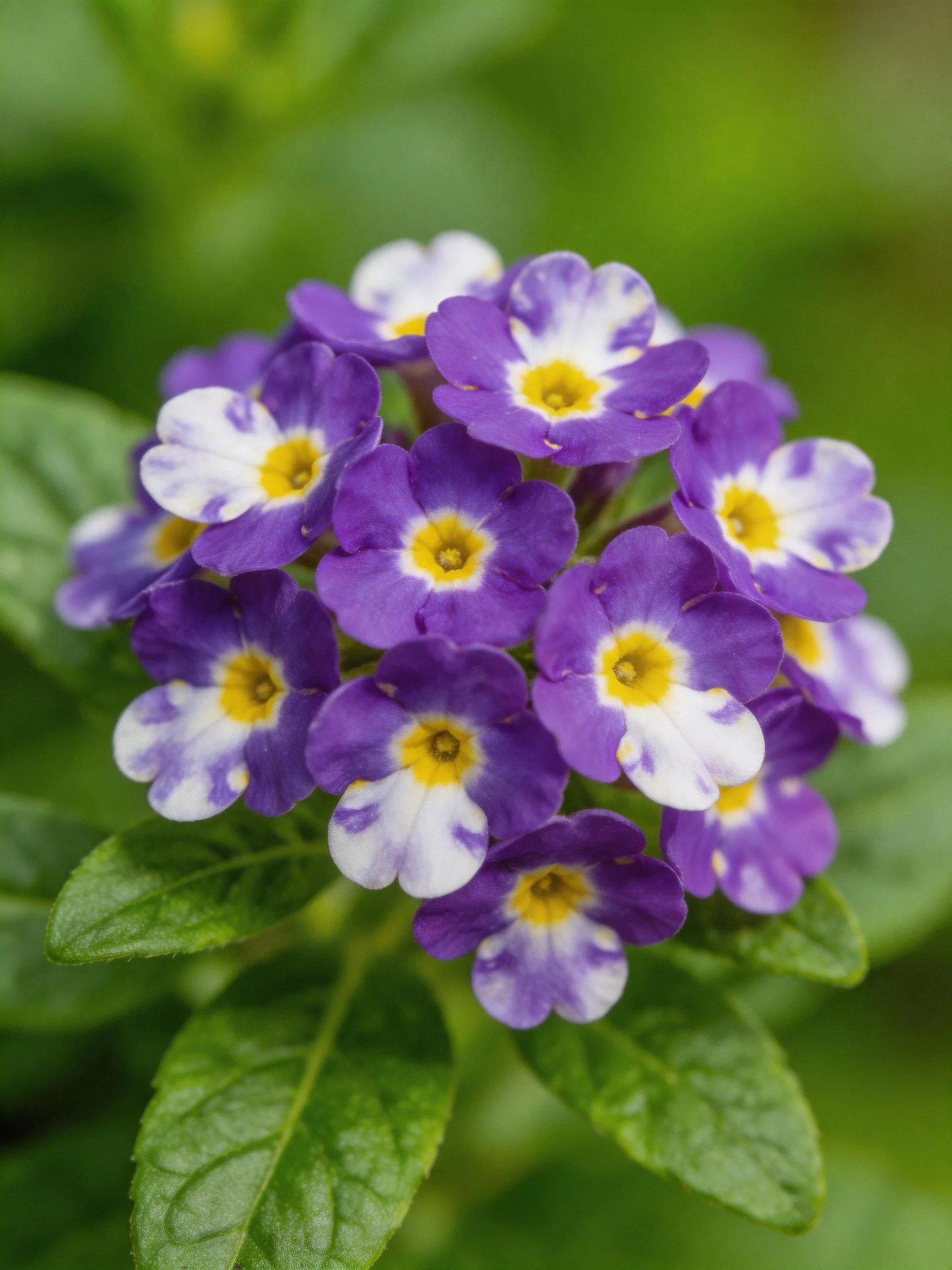 Cluster of purple and white flowers with yellow centers, surrounded by green leaves