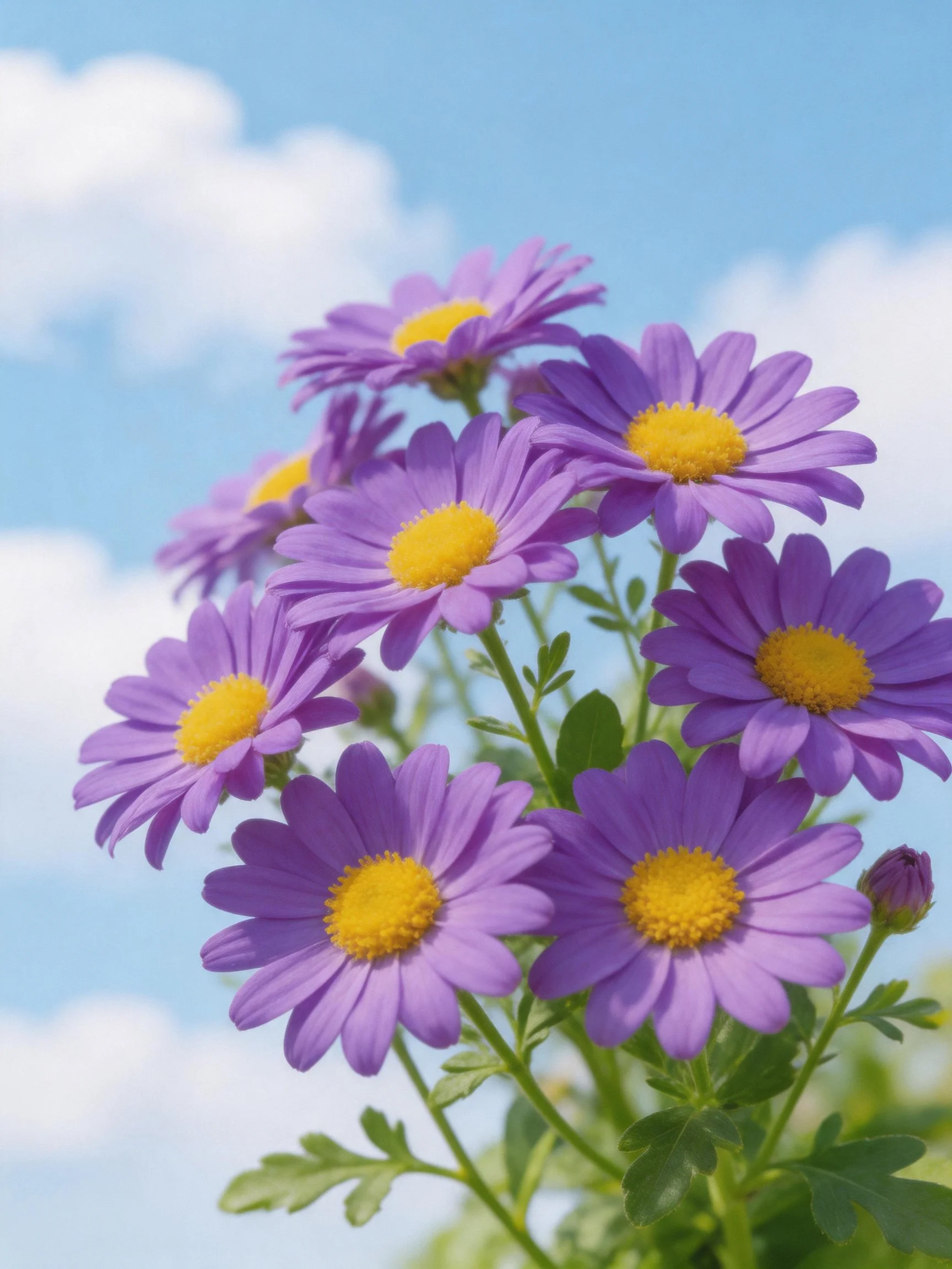 Cluster of purple daisies with yellow centers against blue sky