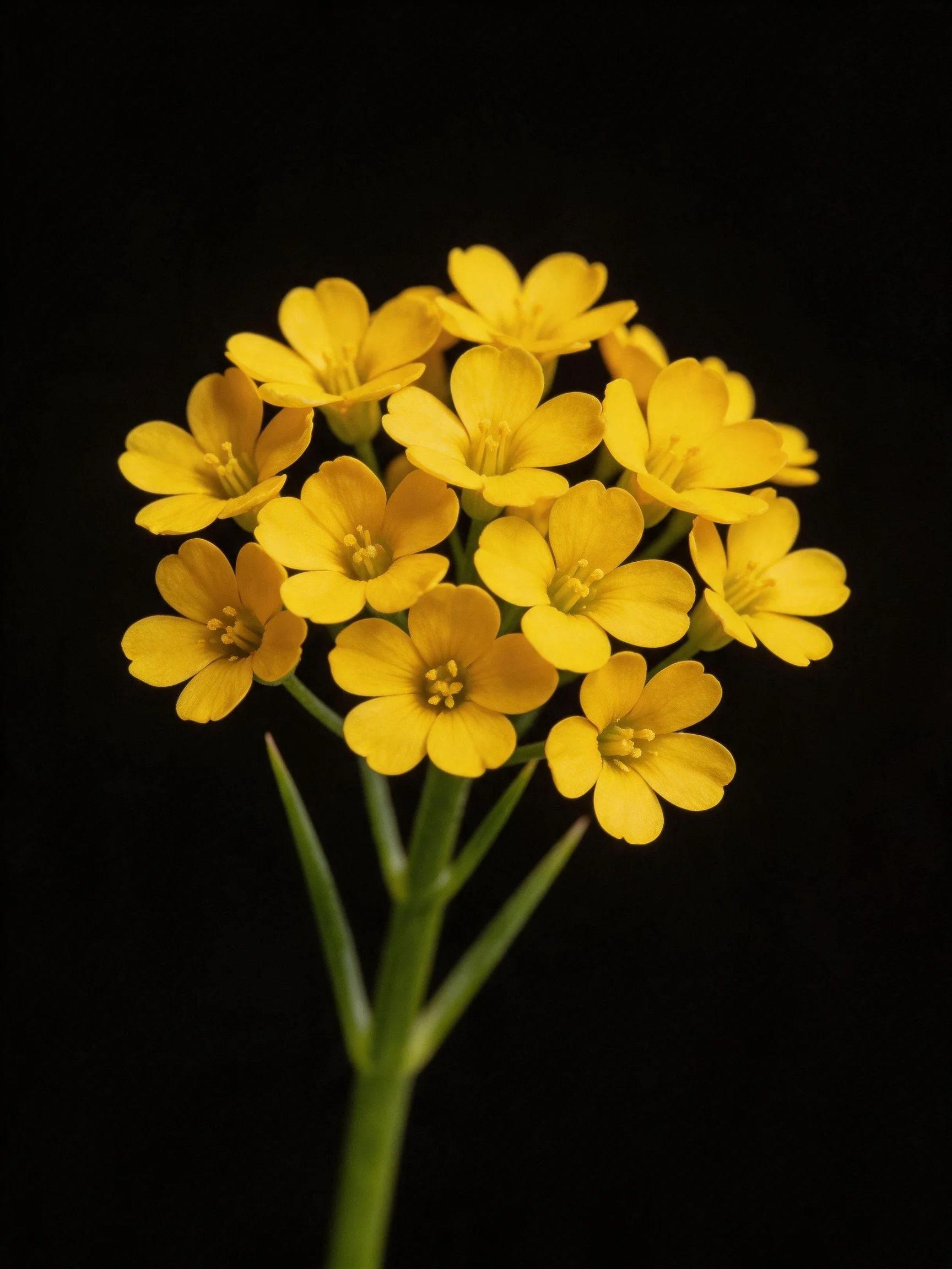A cluster of small bright yellow flowers with green stems is displayed against a black background.