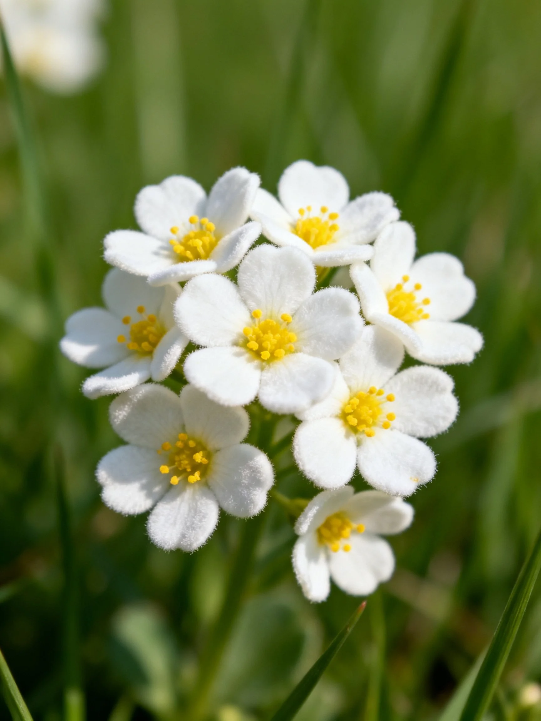 Cluster of small white flowers with bright yellow centers