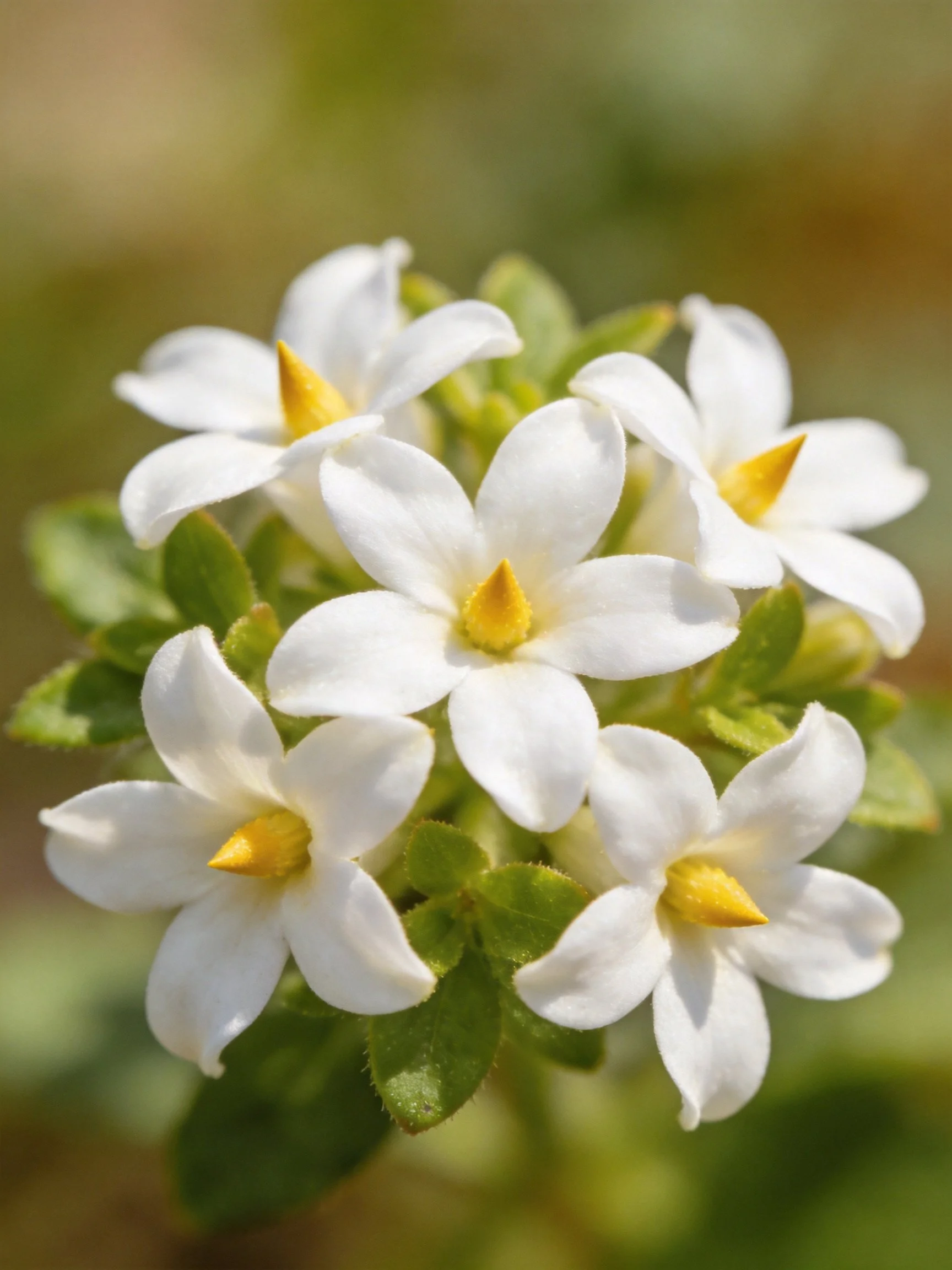 Cluster of small white flowers with yellow centers amid green foliage