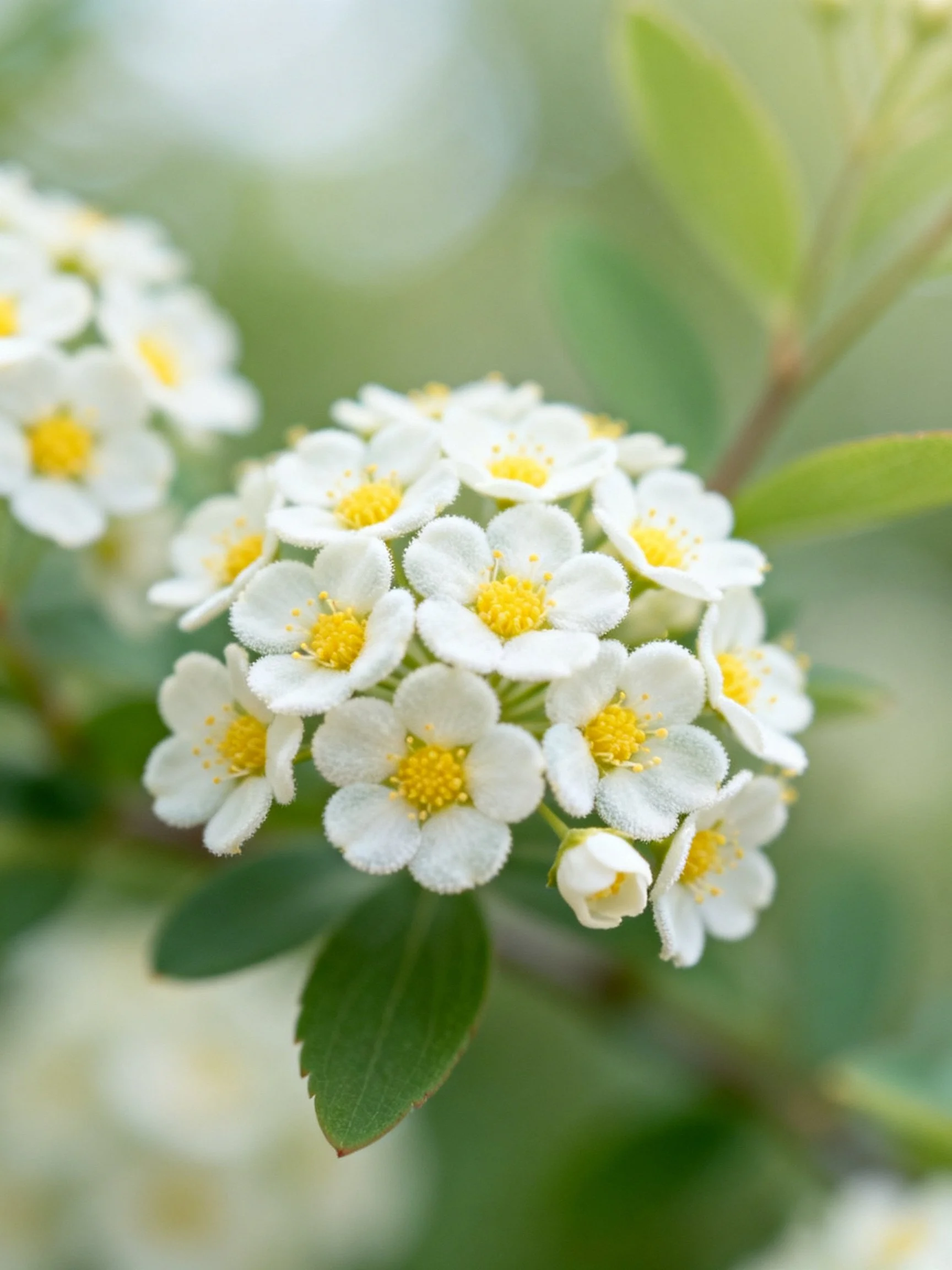 Cluster of small white flowers with yellow centers amidst green leaves