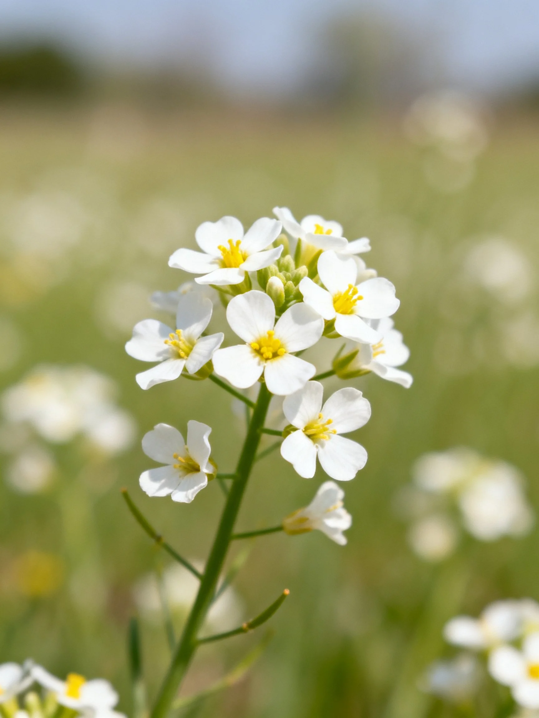Cluster of small white flowers with yellow centers in a green meadow
