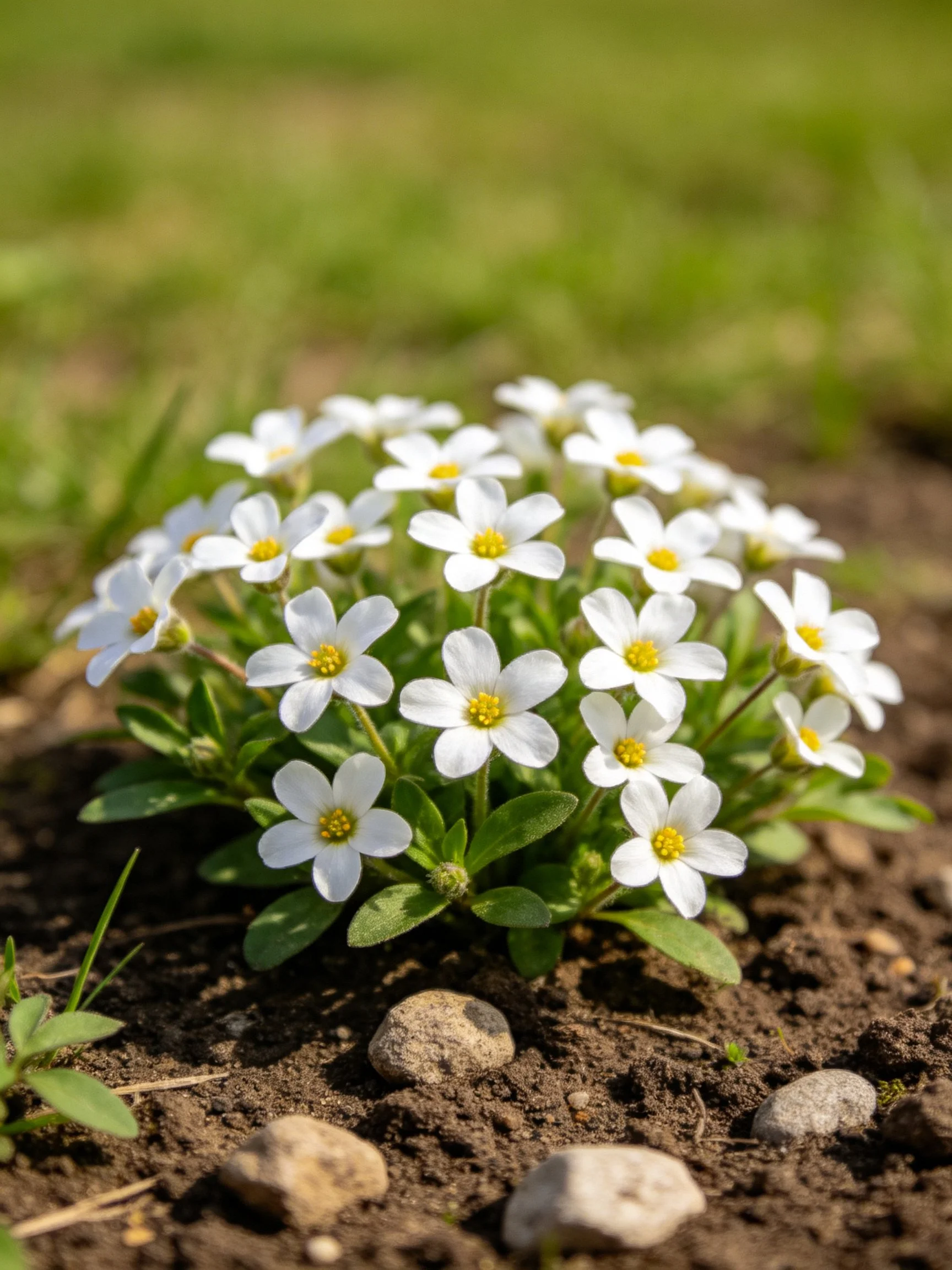 Cluster of small white flowers with yellow centers in soil