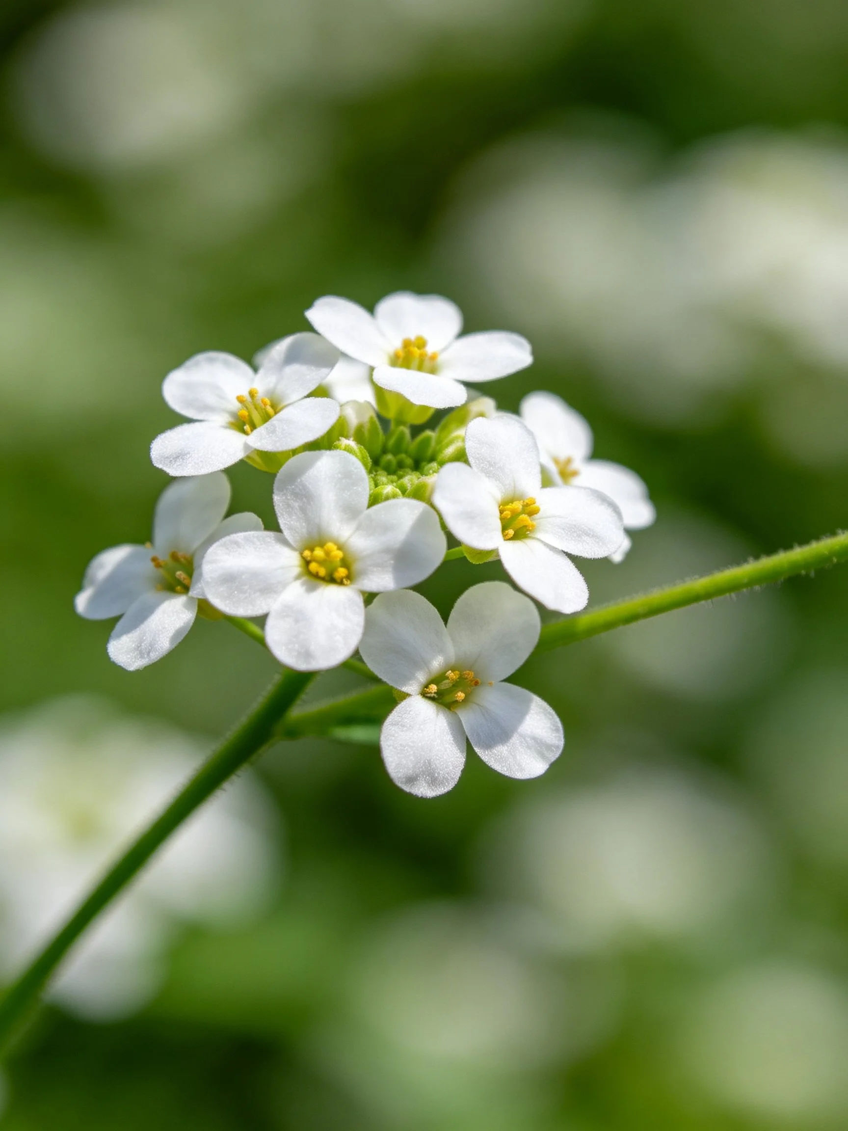 Cluster of small white flowers with yellow centers on green stem