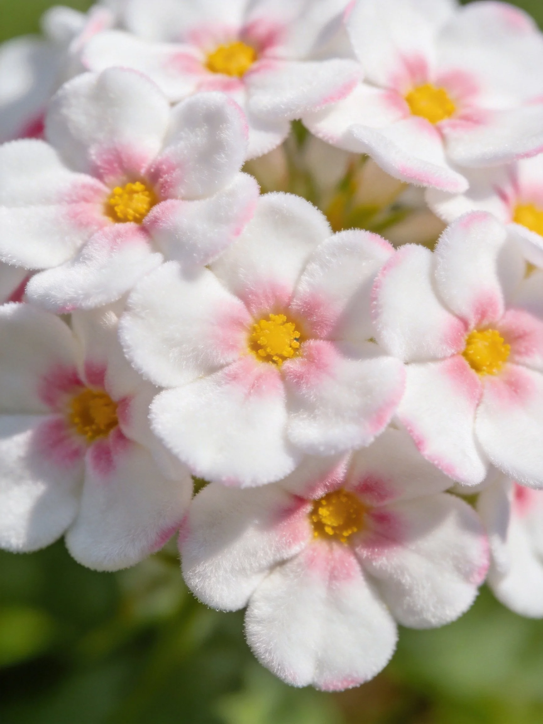 Cluster of small white-pink flowers with yellow centers