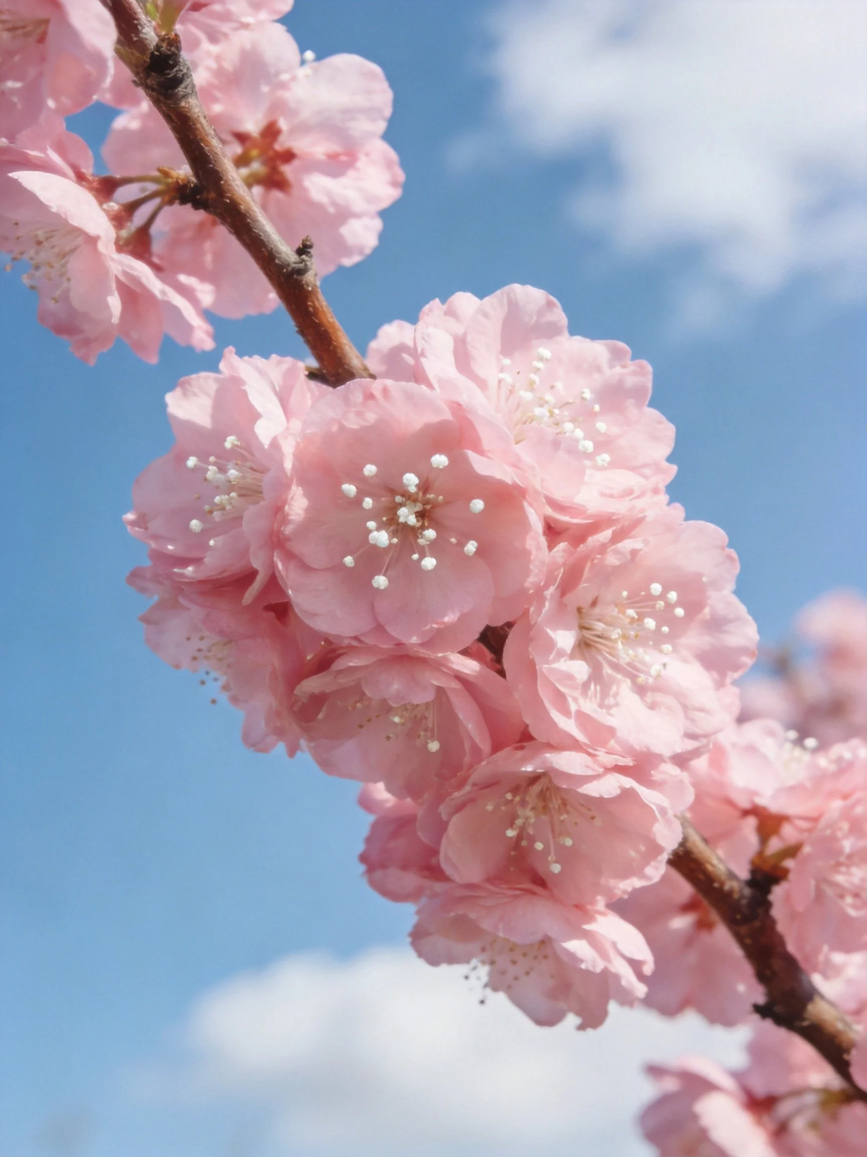 Cluster of soft pink cherry blossoms against clear blue sky