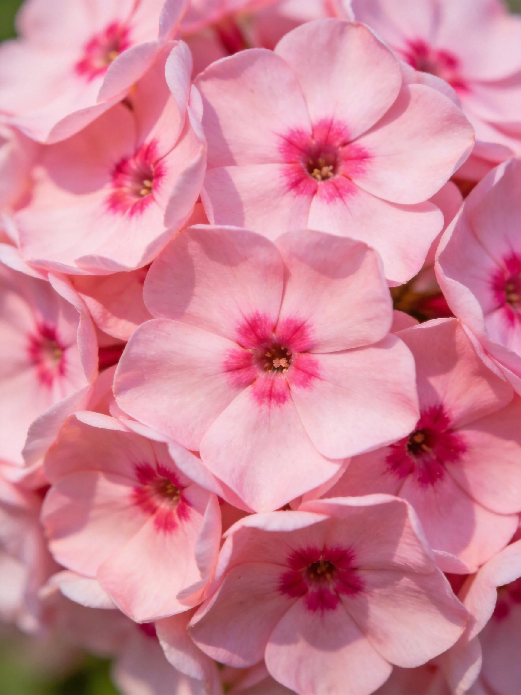 Cluster of soft pink phlox flowers with magenta centers