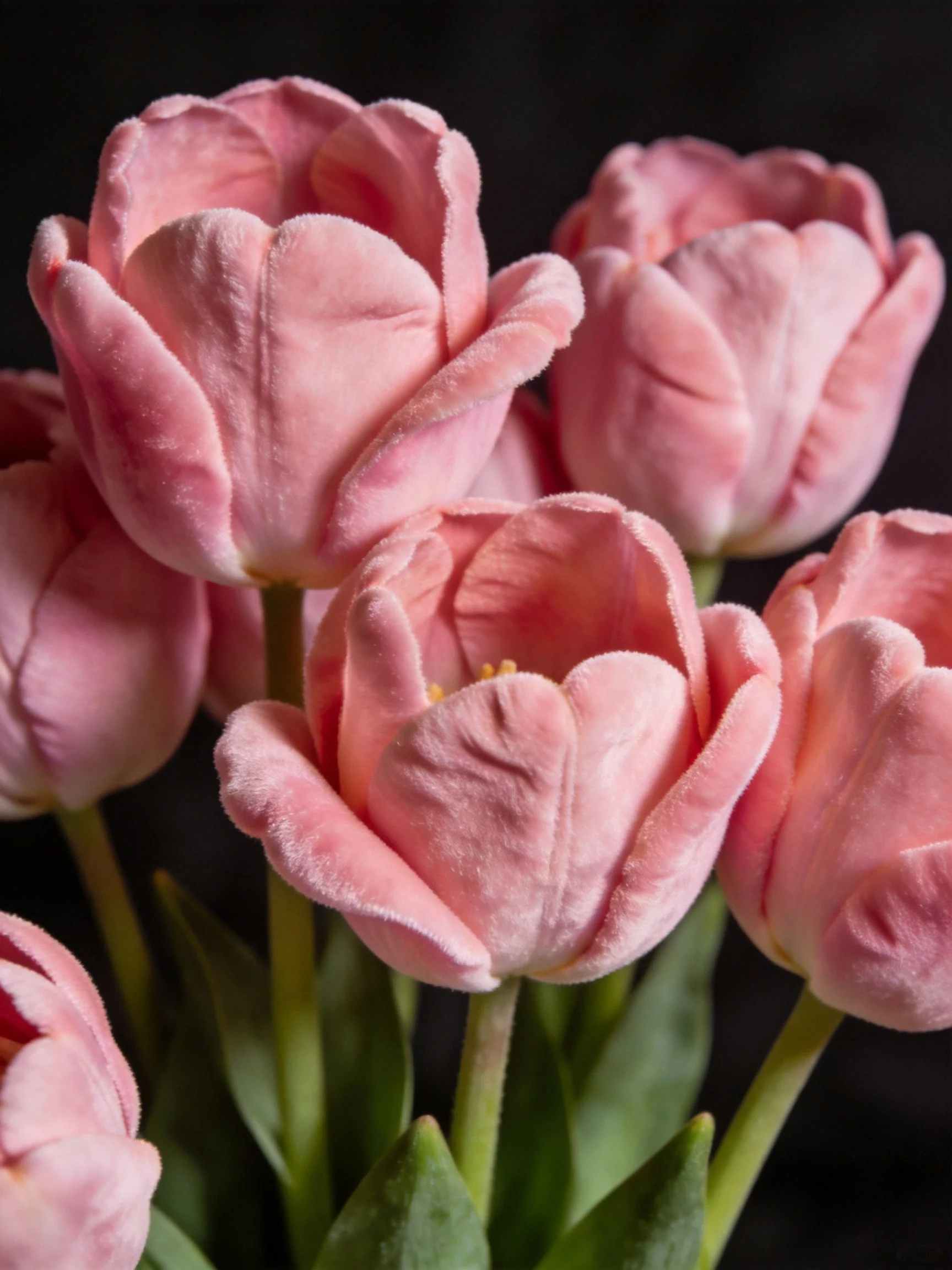 Cluster of soft pink plush tulips with green stems against dark backdrop