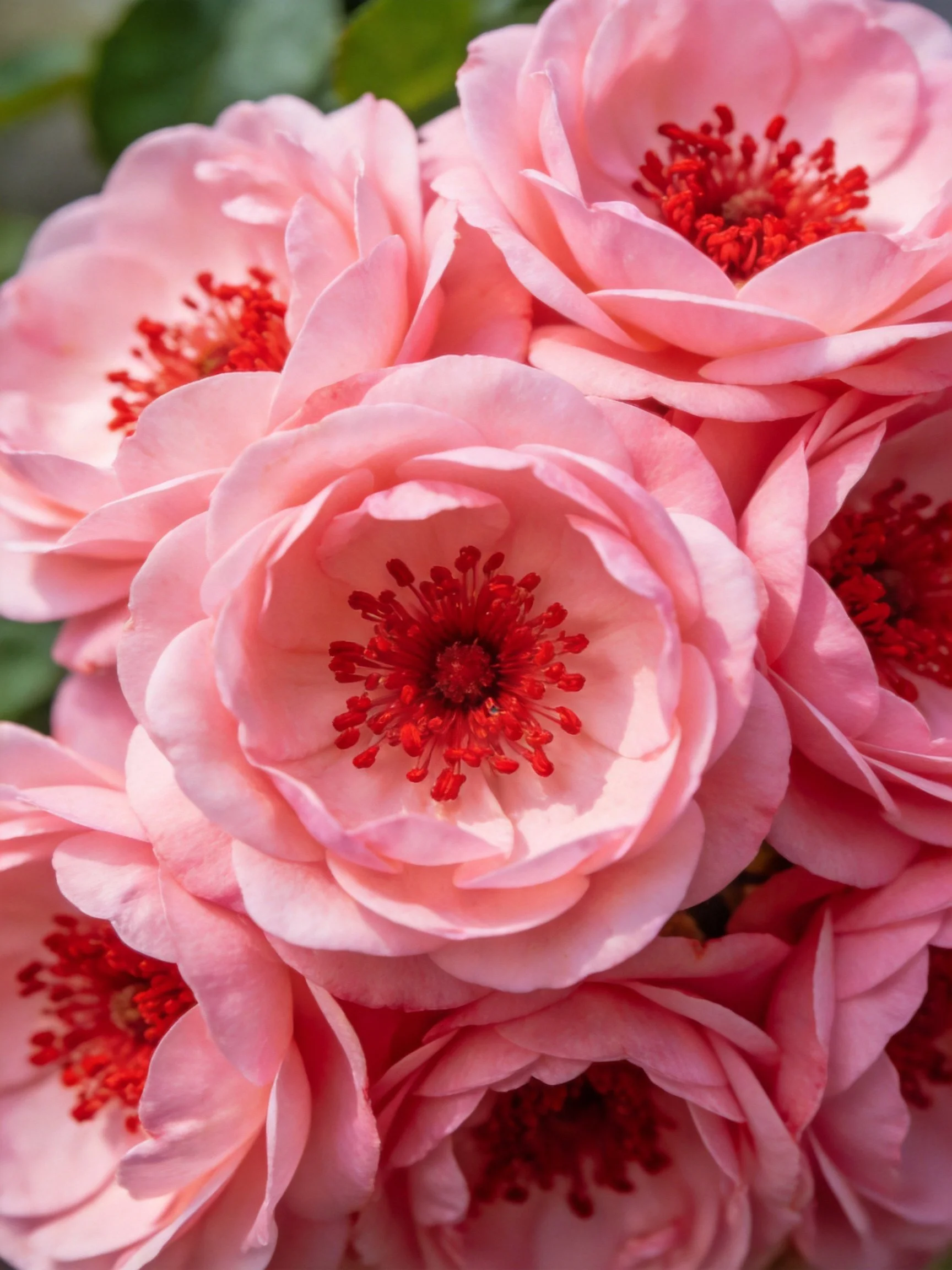 Cluster of soft pink roses with bright red centers