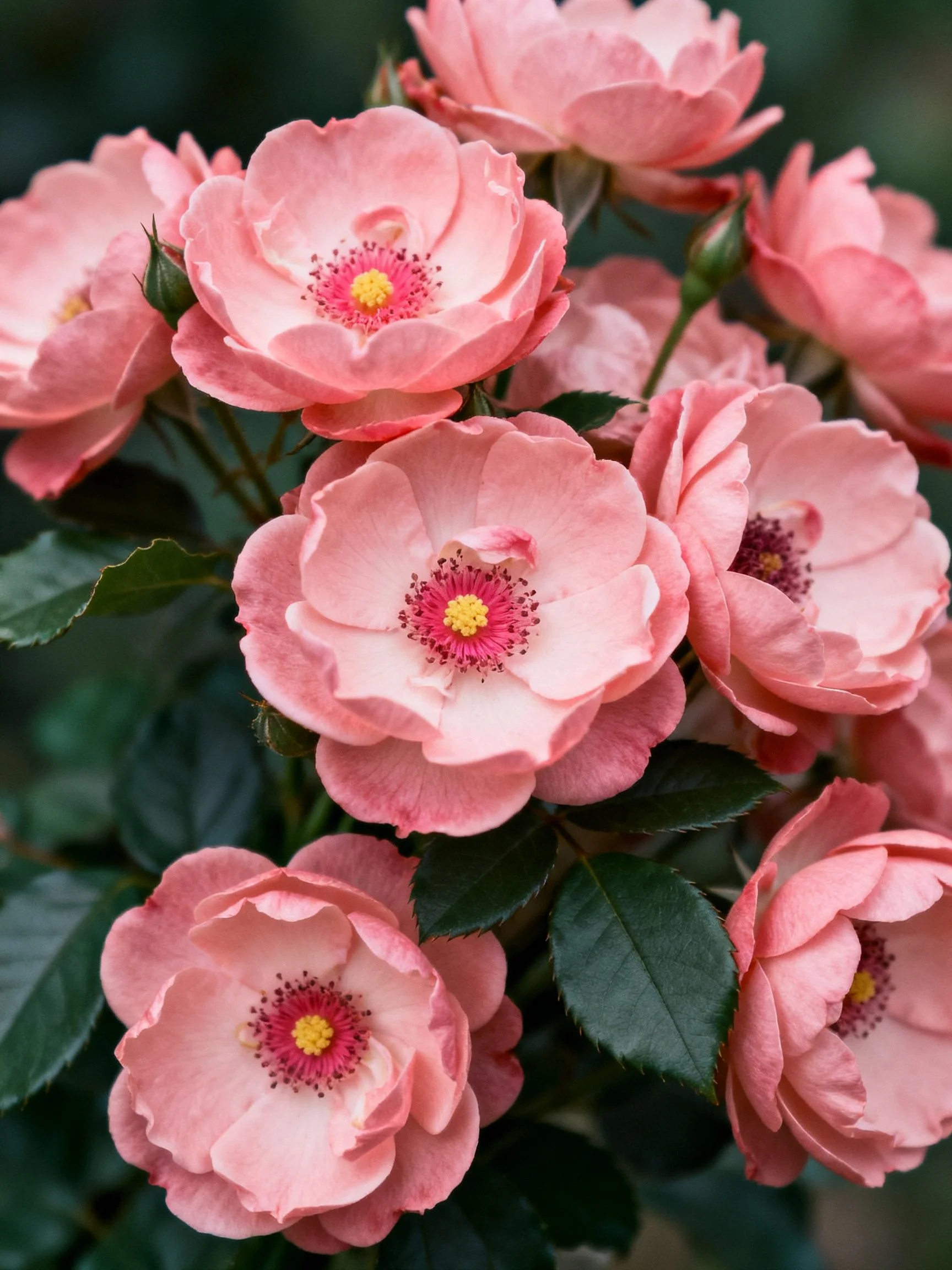 Cluster of soft pink roses with dark green foliage