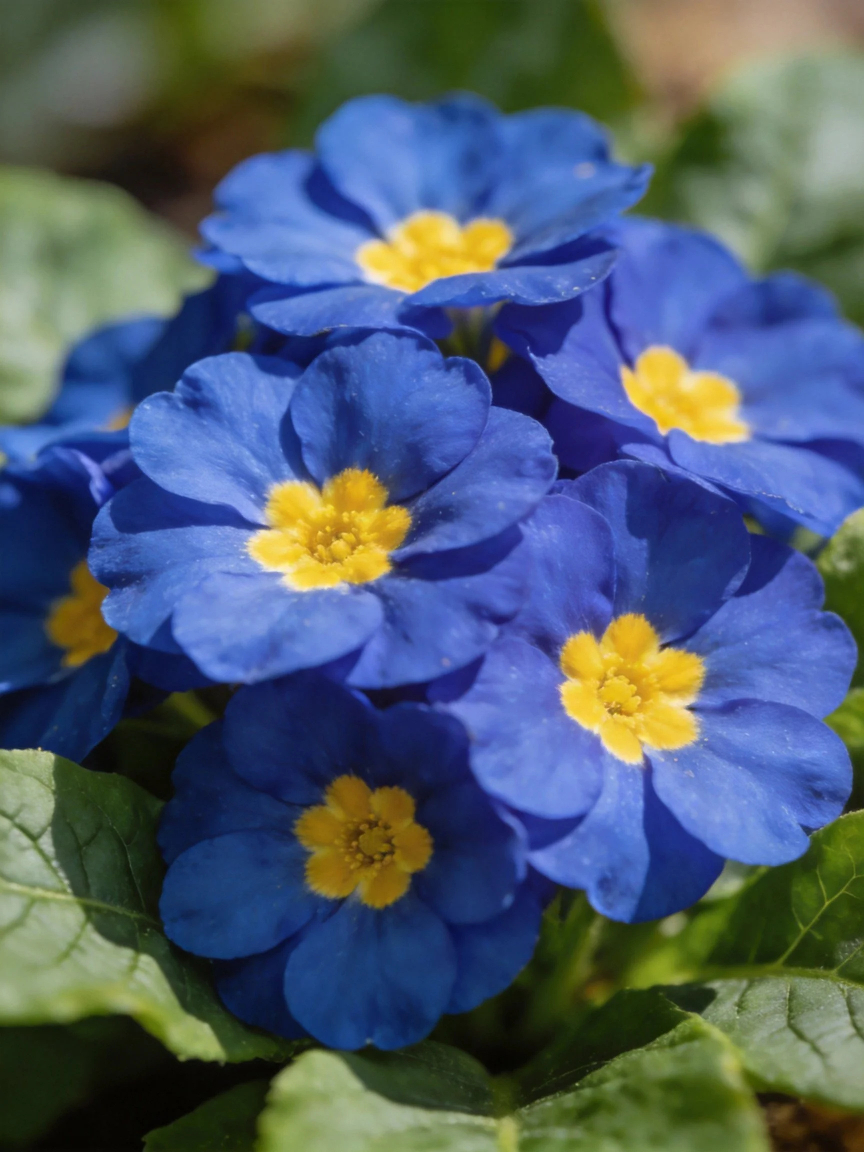 Cluster of vibrant blue primrose flowers with golden yellow centers