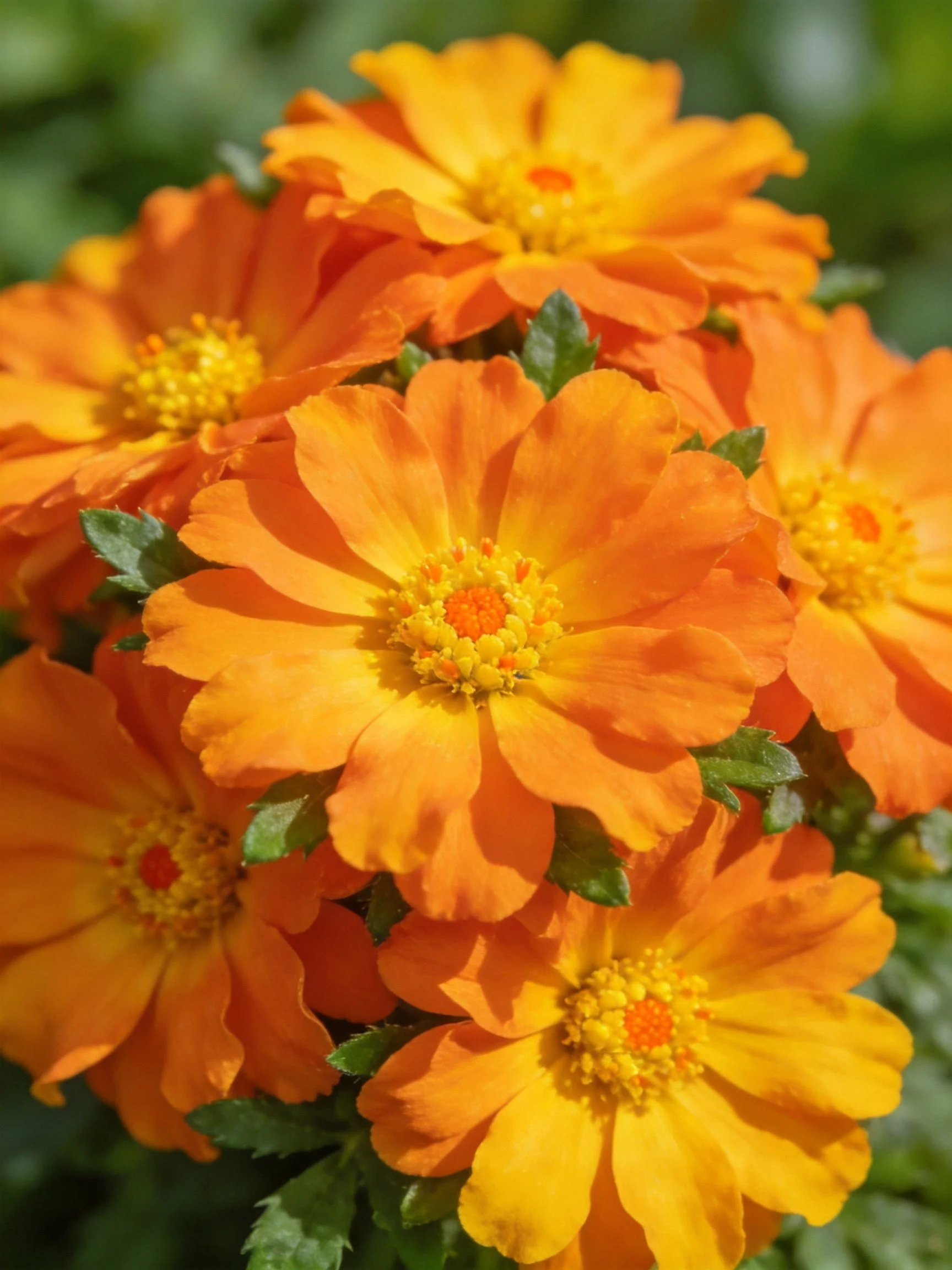 Cluster of vibrant orange flowers with yellow centers and green foliage