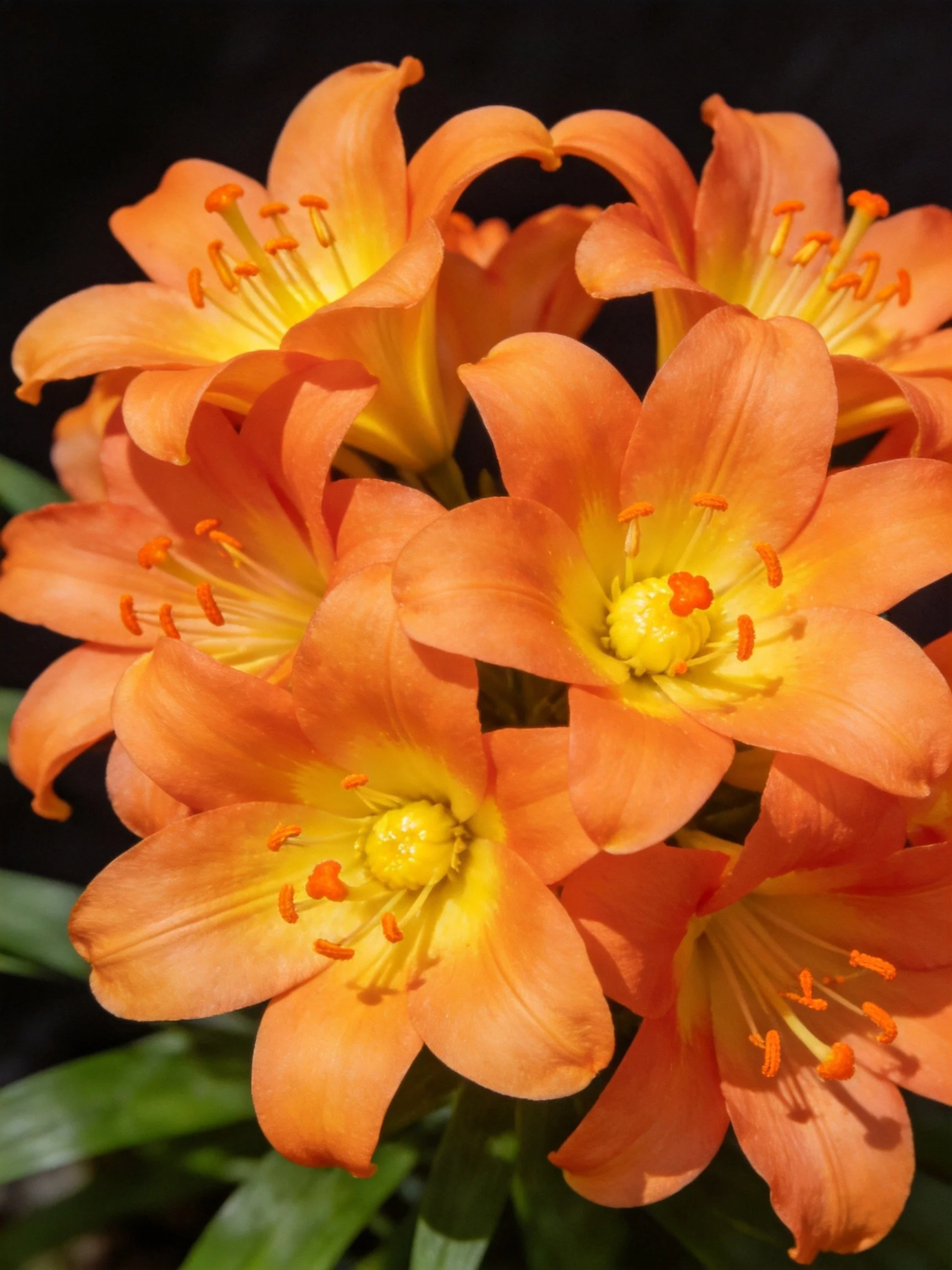 Cluster of vibrant orange lilies with yellow flower centers