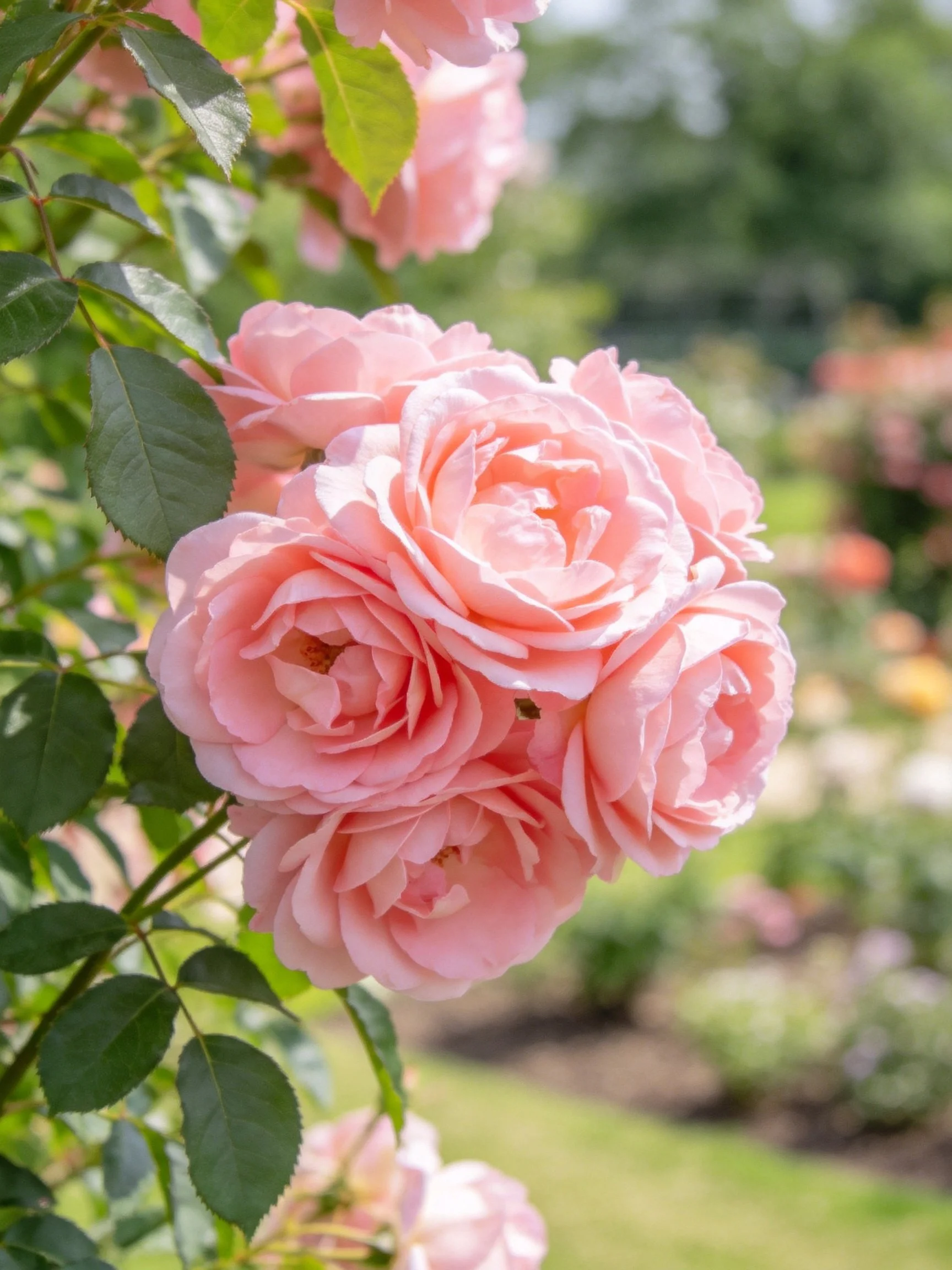 Cluster of vibrant pink roses with green leaves