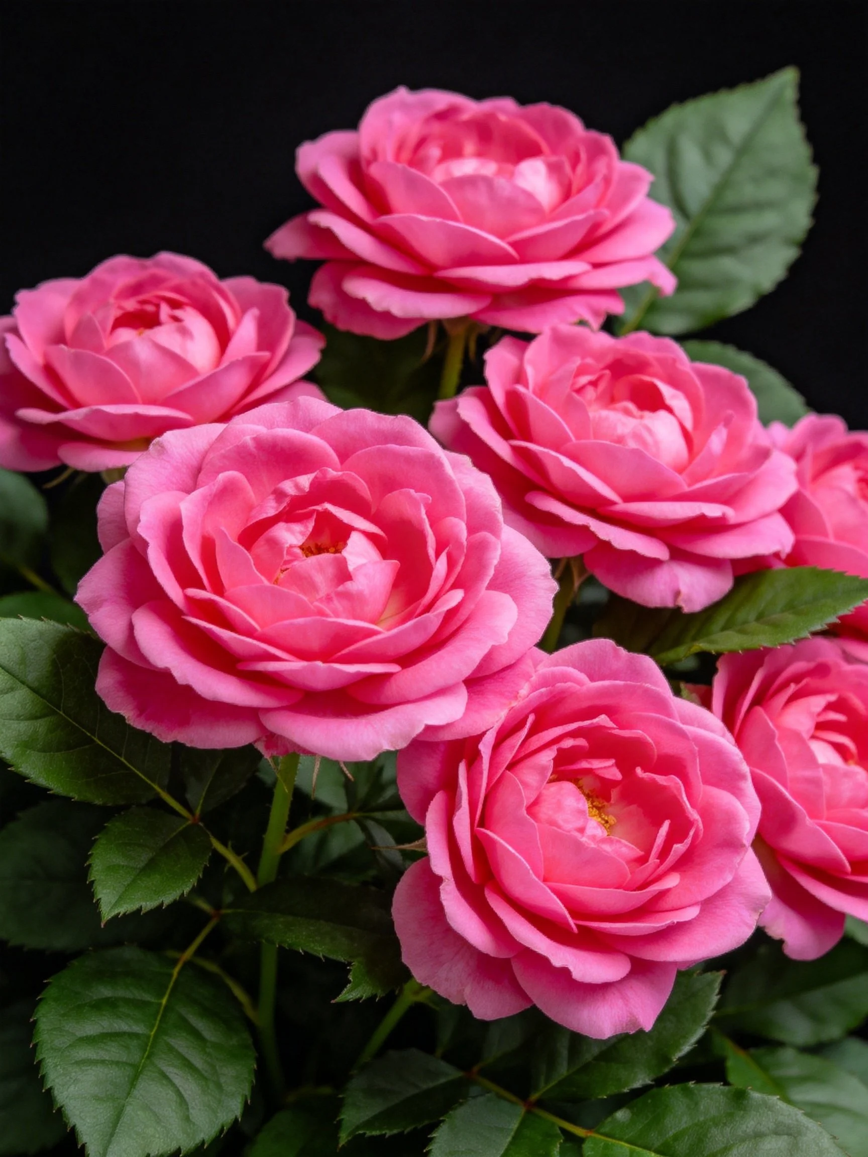 Cluster of vibrant pink roses with lush green leaves