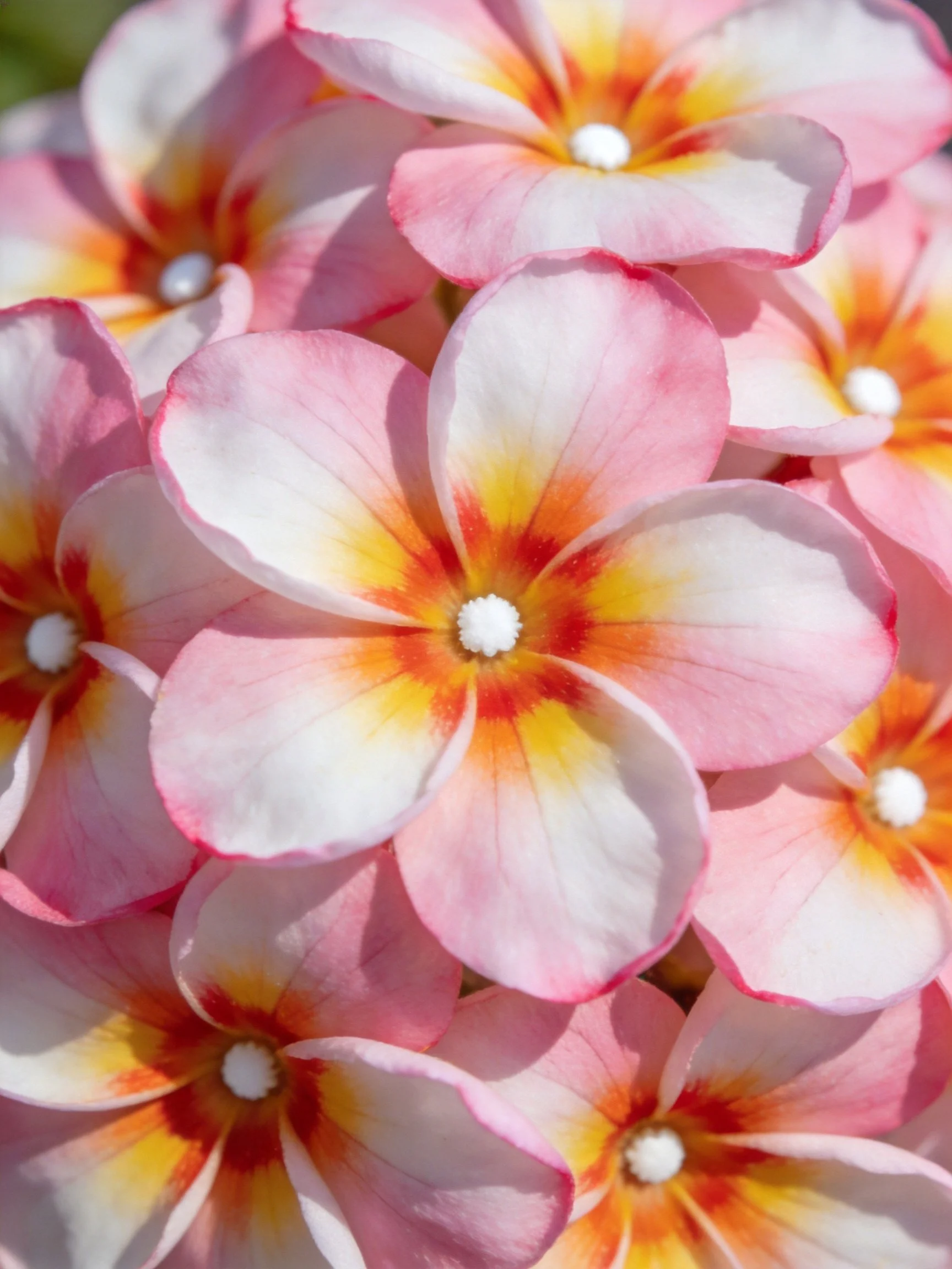 Cluster of vibrant plumeria flowers with pink, white, yellow, and red petals