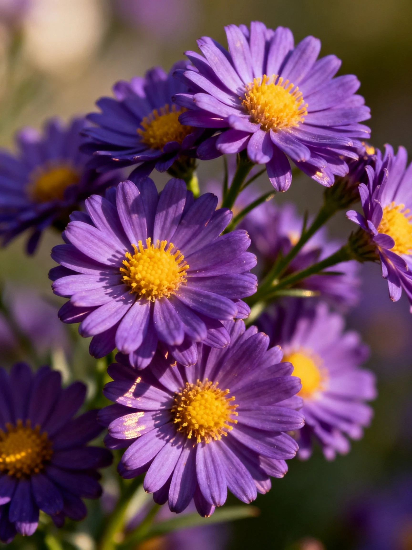 Cluster of vibrant purple aster flowers with golden centers