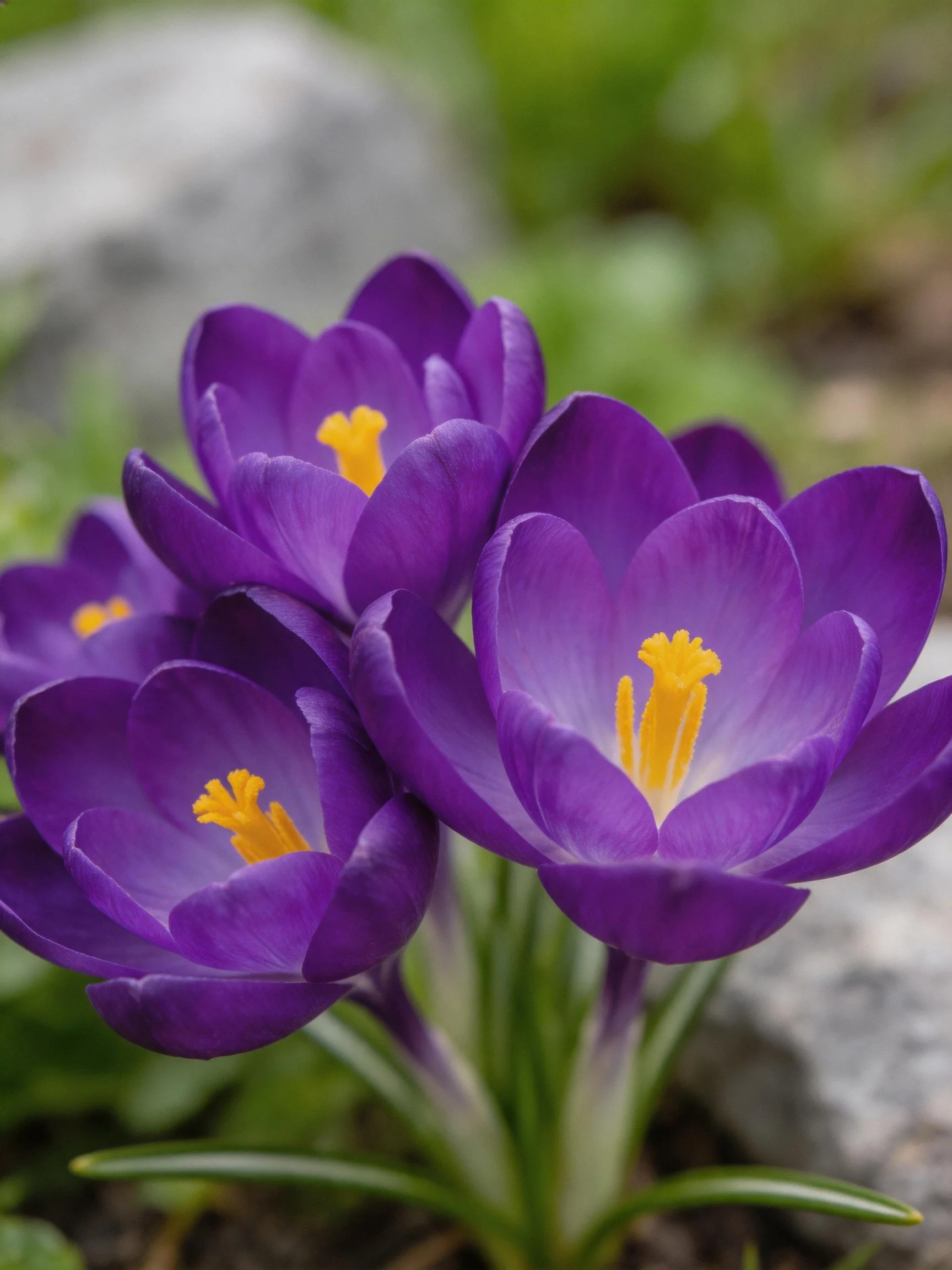Cluster of vibrant purple crocus flowers with yellow stamens