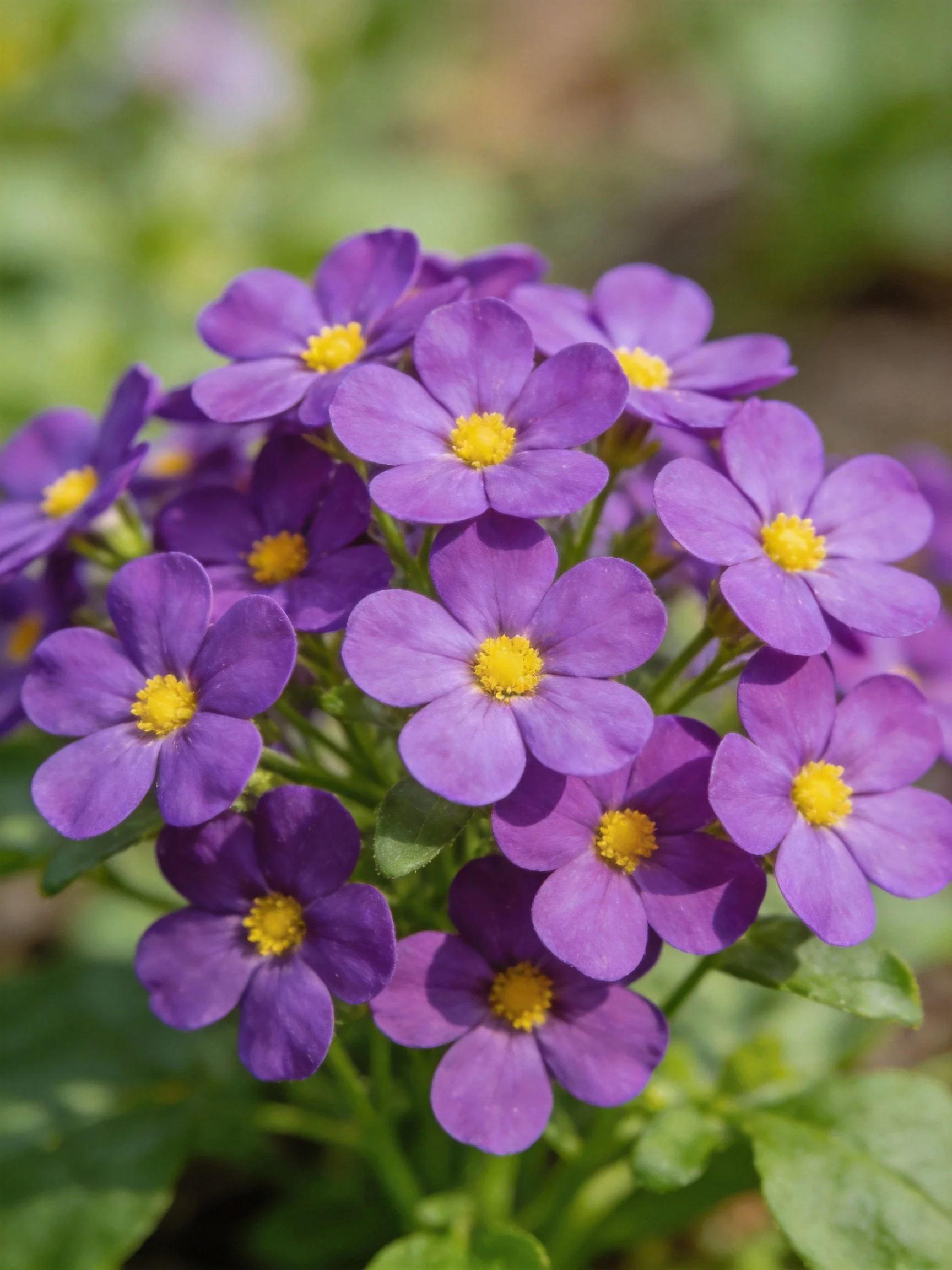 Cluster of vibrant purple flowers with bright yellow centers
