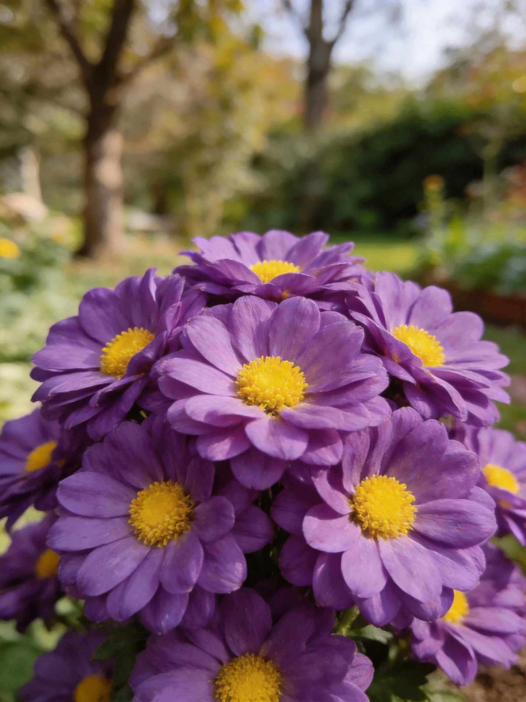 Cluster of vibrant purple flowers with bright yellow centers in a sunlit garden