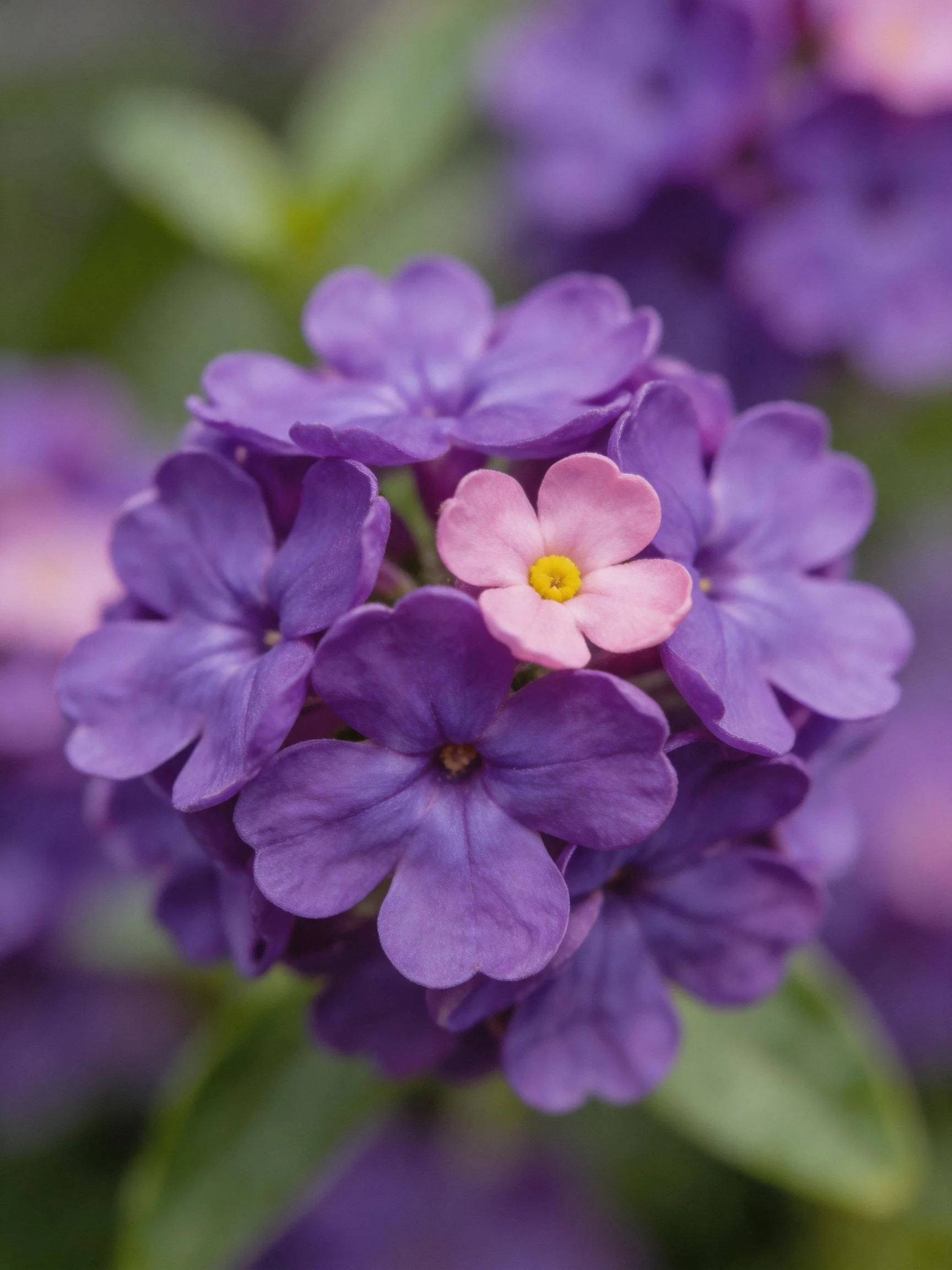Cluster of purple flowers includes one central pink bloom